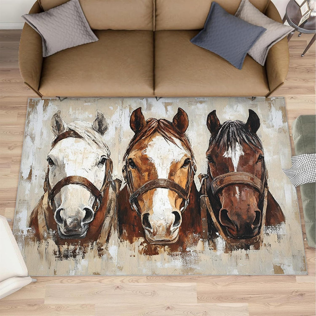 6x8 Horse Area Rug - Horse Head Large Rugs for Living Room, Vintage Animal Oil Painting Carpet Area Rug for Girls Bedroom Kids Room Basement Office Classroom