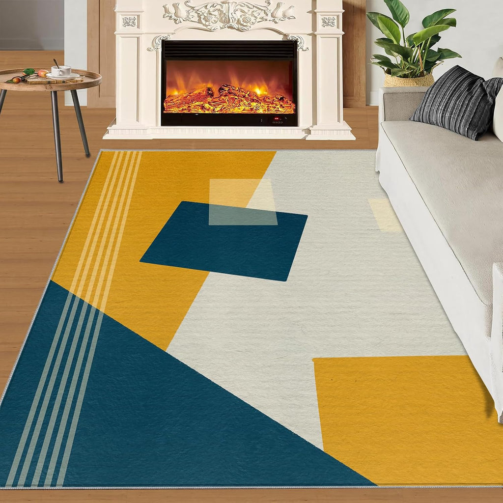 Blue Yellow Geometric Area Rug, European Minimalist Rugs for Living Room, Indoor Non-Slip Kids Rugs, Machine Washable Breathable Durable Carpet for Front Entrance Floor Decor,6 x 8ft