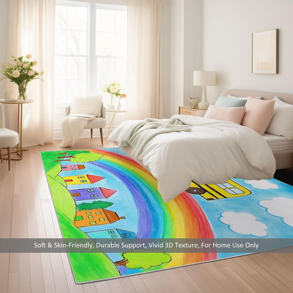 Machine Washable Area Rug 5 x 7 ft for Living Room, Cartoon Non-Slip Carpet Bedroom Rugs - Rainbow Green Trees Houses Cars Low-Pile Print Carpets for Bedroom Home Office Dining Room