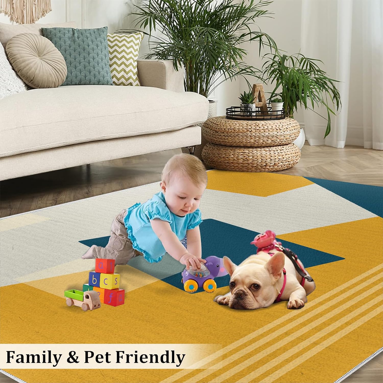 Blue Yellow Geometric Area Rug, European Minimalist Rugs for Living Room, Indoor Non-Slip Kids Rugs, Machine Washable Breathable Durable Carpet for Front Entrance Floor Decor,6 x 8ft