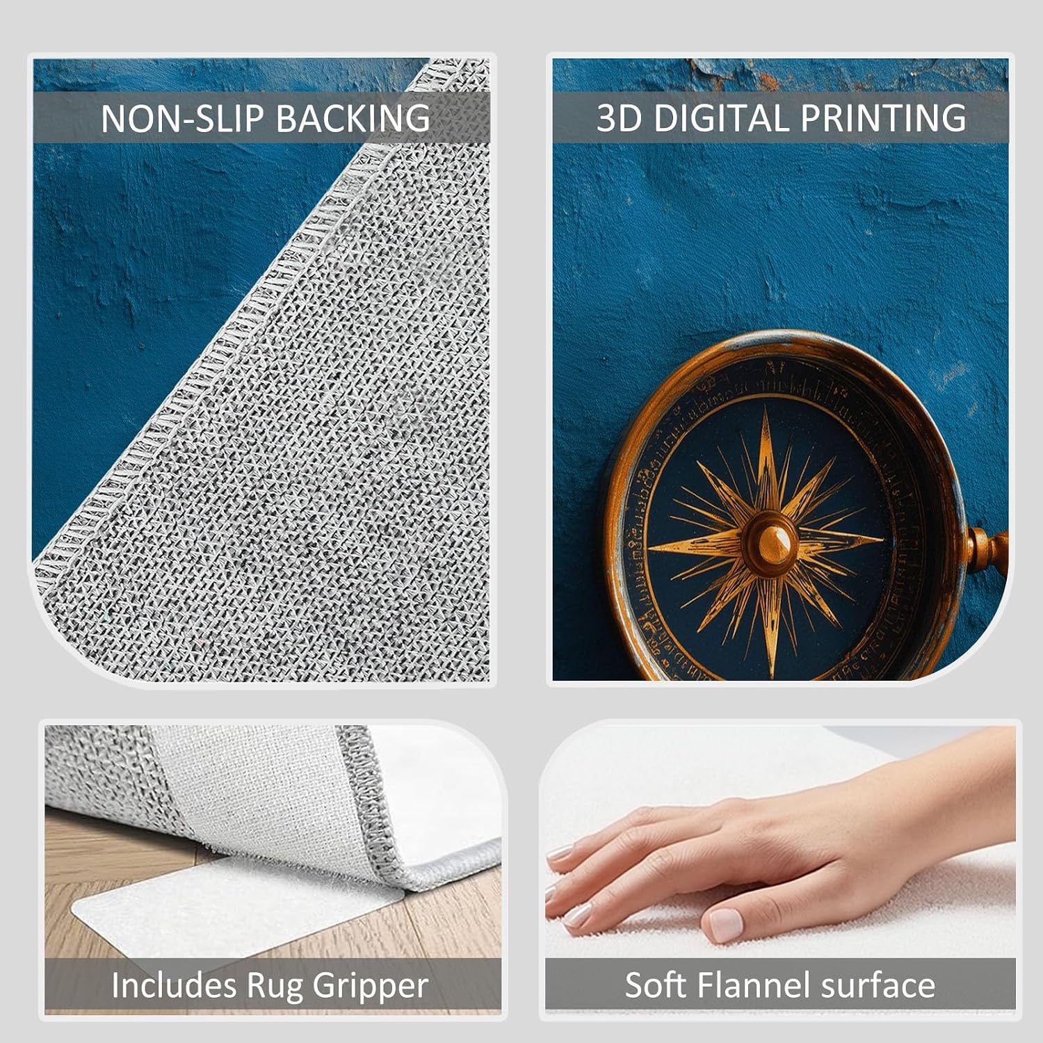 Area Rug 5 x 7 ft for Living Room, Nautical Theme Washable Non-Slip Rug - Shabby Compass Low-Pile Print Carpet for Bedroom Dinning Room Entrance Farmhouse Indoor Home Decor