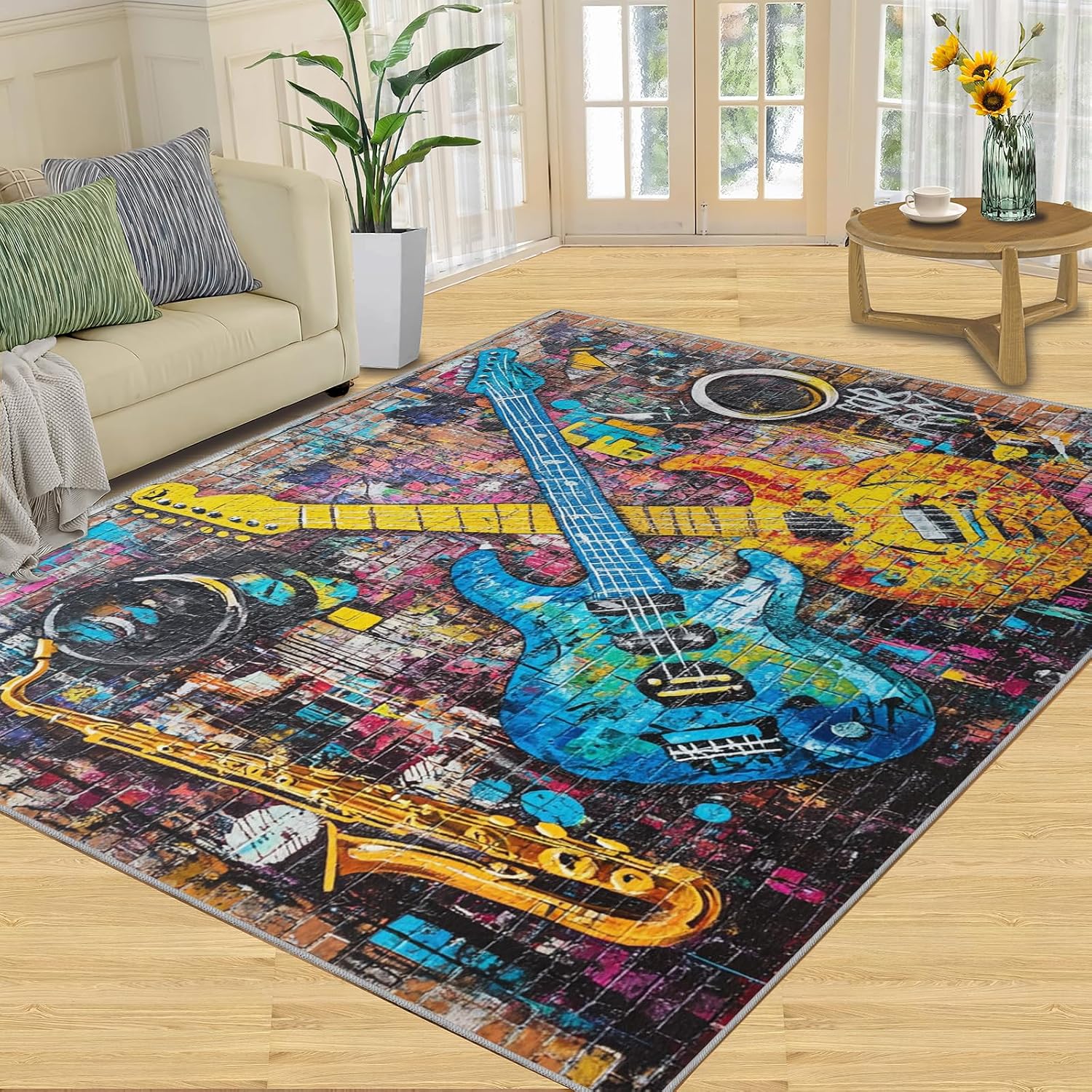 Guitar Rug & Home Decor - 5x7 Rug, Graffiti Rugs for Bedroom, Hip Hop Washable Rugs for Living Room, Musical Carpet, Non Slip Indoor Guitar Floor Mats & Music Room Decor