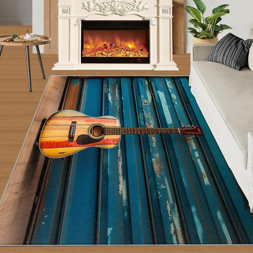 Area Rug 6x8ft, Musical Instruments Guitar Rugs for Living Room, Music Theme Home Bedroom Rug, Machine Washable Breathable Durable Indoor Carpet for Bedside Porch Entryway Office