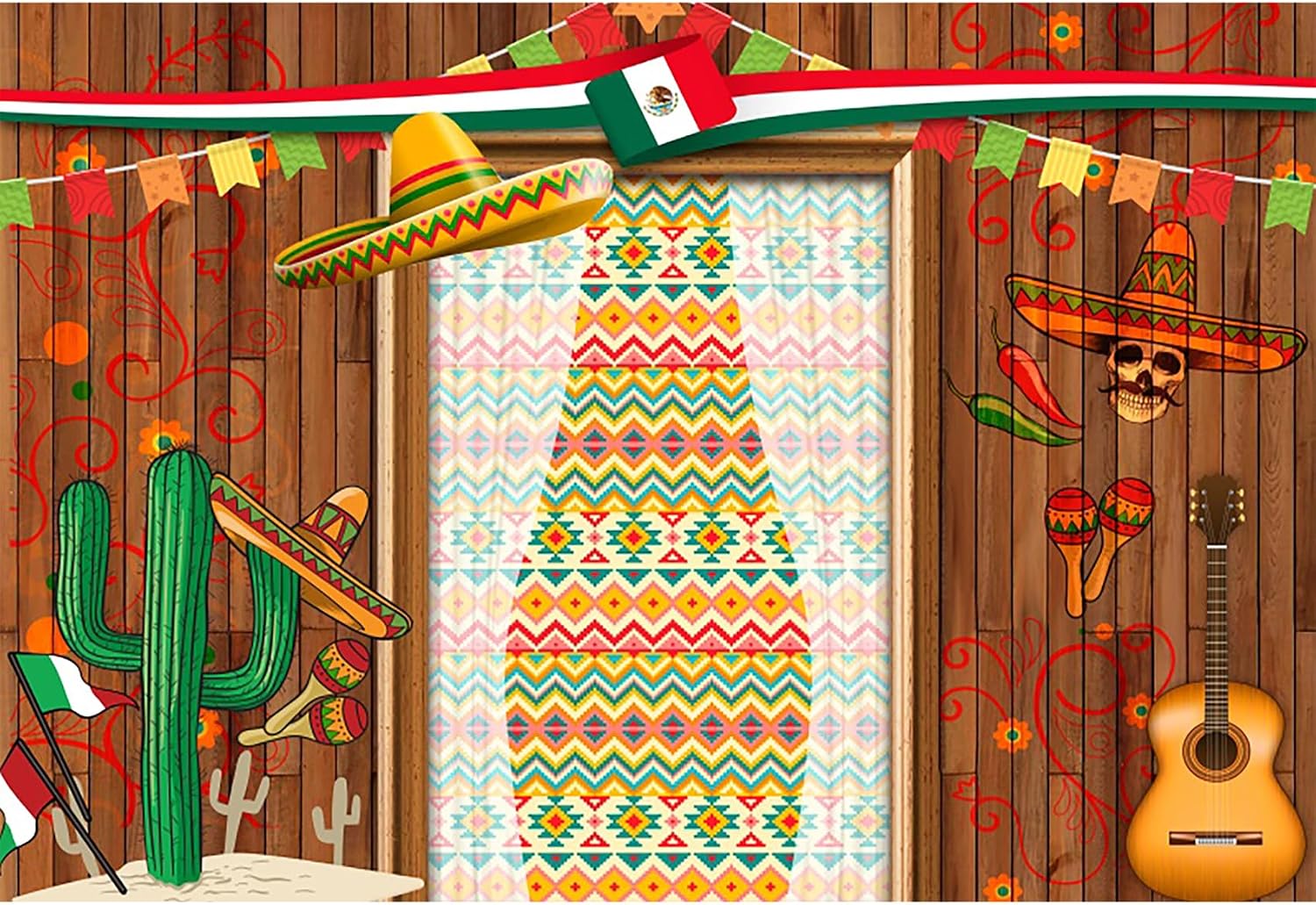 20x10ft Mexico Fiesta Photography Backdrop Wooden Mexico Cactus Guitar Flags Photography Background Cinco de Mayo Party Mexico Theme Bday Festival Banner Supplies for Kid Adults Video Studio