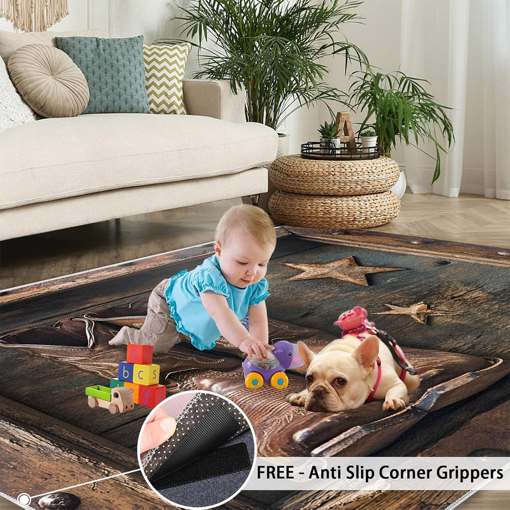 Washable Rugs Western Rug & Home Decor, Brown Area Rug 6x9, Non Slip & Low Pile Carpet, Cowboy Boots Rugs for Bedroom Living Room