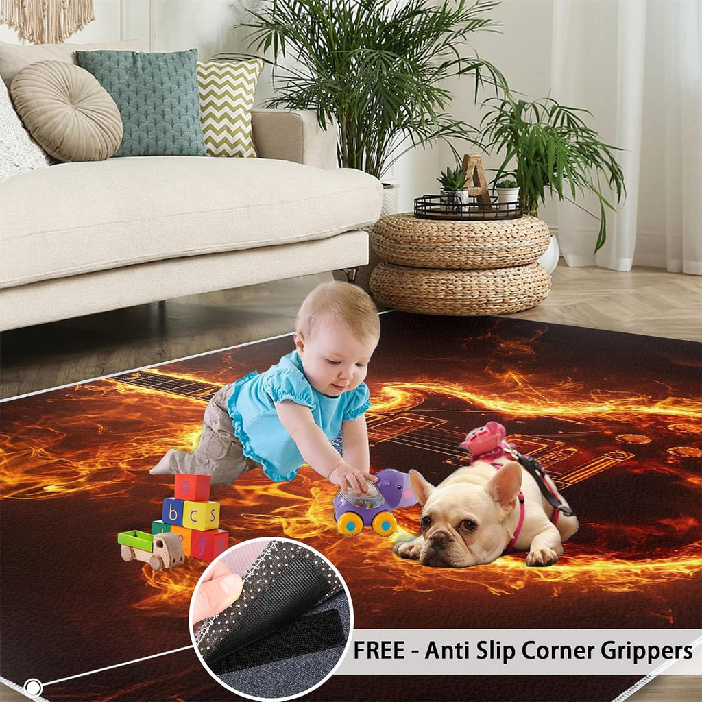 5x6 Flame Guitar Area Rug - Rock Instrument Area Rugs for Kitchen, Fire Effects Bedroom Area Rug Kids Low Pile Rug for Indoor Outdoor Hardwood Floors Home Decor