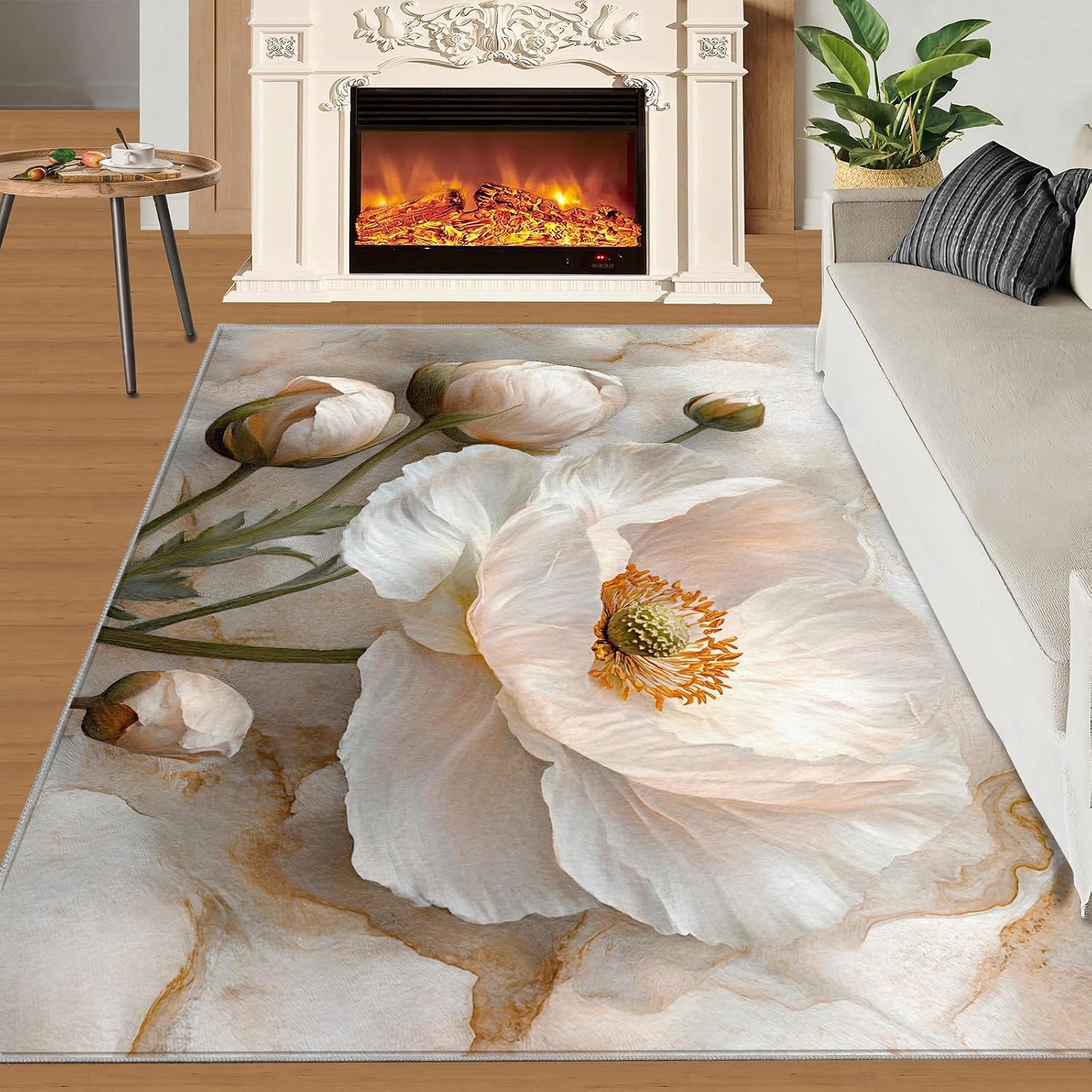 Floral Rugs for Bedroom - 6x8 Rug, Luxury Marble Area Rugs for Living Room, Fantasy Flower Carpet, Nordic Washable Area Mat, Aesthetic Carpet, Floral Marble Home Decor & Gifts