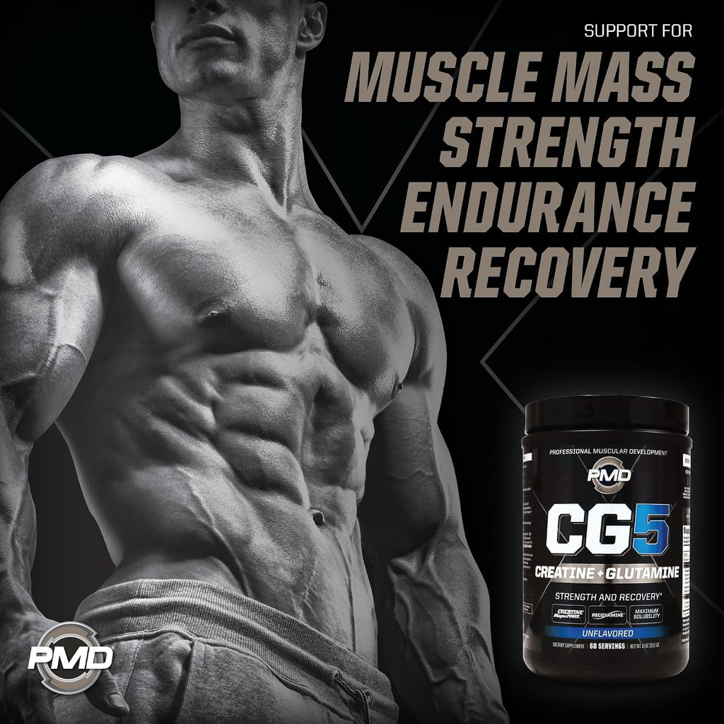 PMD Sports CG5 Premium Creatine & L Glutamine Powder, Power Recovery, Build Lean Muscle, Increase Workout Performance, Maximum Strength Pre Workout & Post Workout, Unflavored, 60 Servings (Pack of 2)