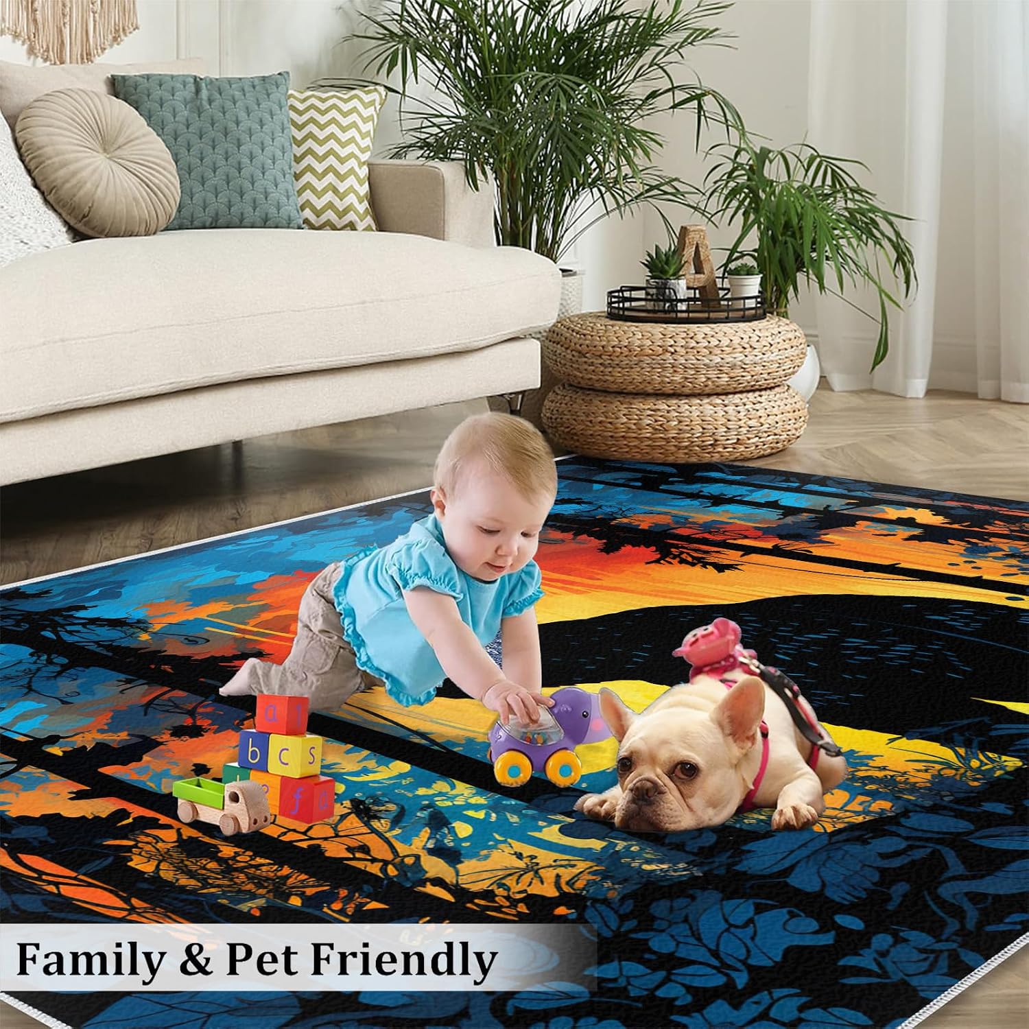 Bear Rug for Kids Room - 6x8 Large Rug, Fire and Ice Forest Rugs for Bedroom Nature Jungle Wild Animals Area Rugs for Living Room Home Decor Washable Rug