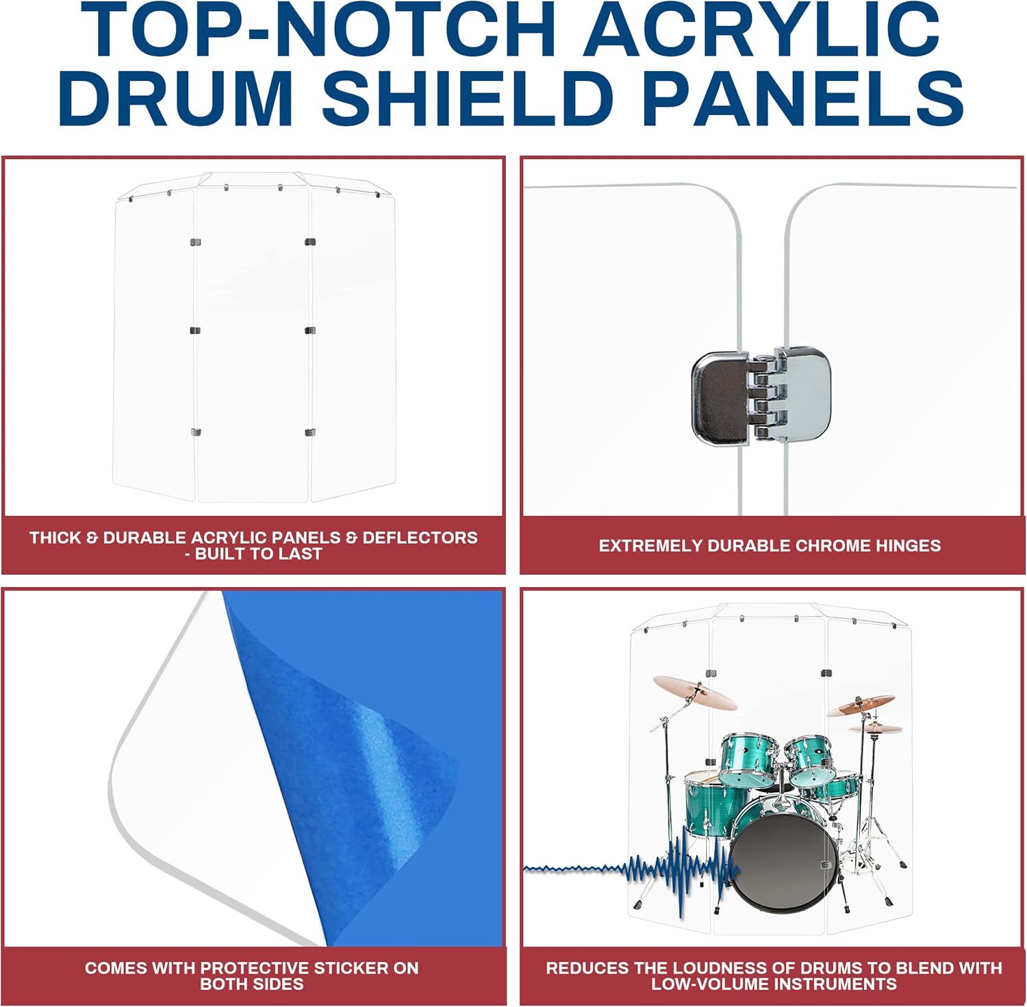PENNZONI Drum Shield 6ft w/Deflectors & Chrome Hinges, Comes w/ 3 Drum Panels, 3 Deflectors, Chrome Hinges & Deflector Connectors, Premium Clear Acrylic Panels