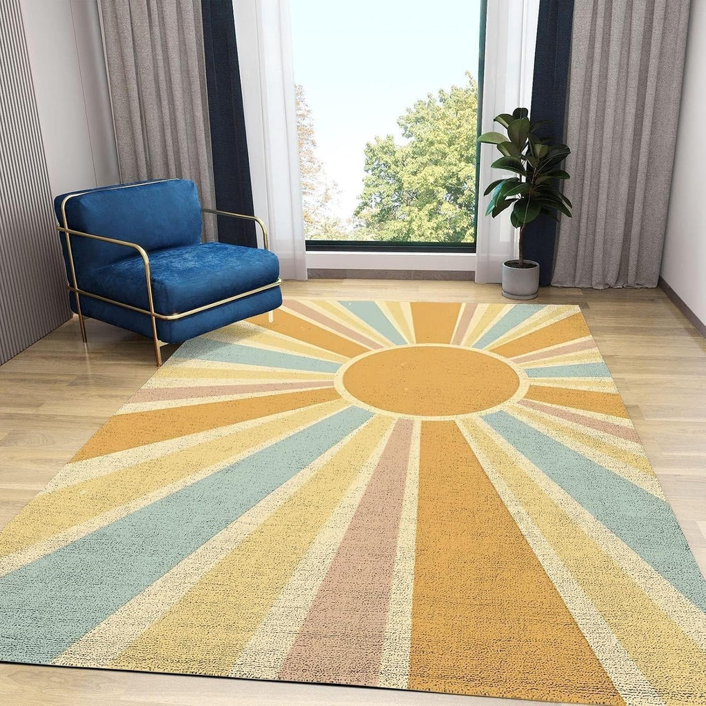 6x8 Rug Bohemian Colored Sun Rays Soft Washable Rug, Colorful Rainbow Sun Anti-Slip Backing Decorative Rugs for Living Room Bedroom Kitchen Dining Room Home Rug Laundry Room Rug