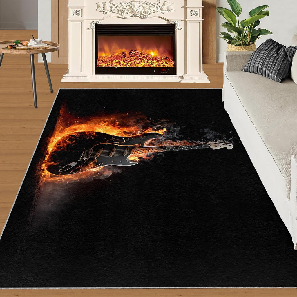 Guitar Rugs for Music Room - Boys Musical Rug, 6x8 Rug, Music Washable Rugs for Living Room Bedroom, Burning Instruments Area Rug, Rock and Roll Carpet - Home Decor, Electric Guitars Gifts for Men