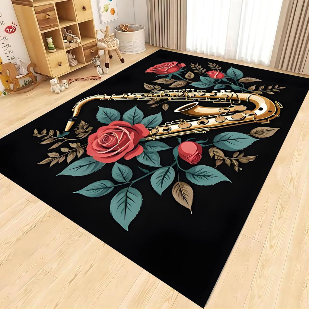 Music Area Rug，6x8ft Red Rose Flower Print Home Decoration Rug，Retro Jazz Saxophone Music Area Rug，Suitable for Bedroom, Living Room, Bedside, Home Interior Decoration Area Rug Mat