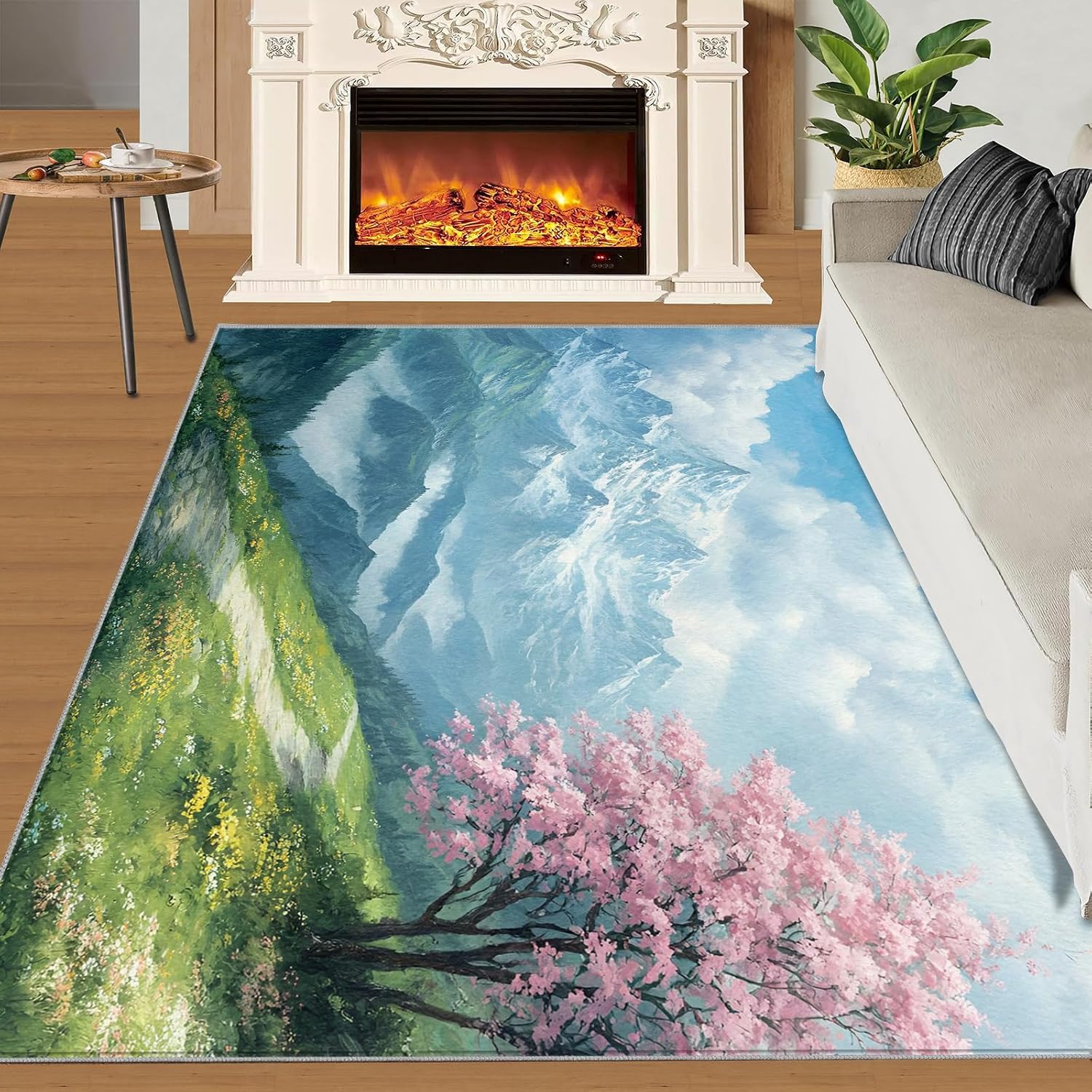 Cherry Blossoms Rugs for Living Room 6x8 Rug, Mountains Area Rug, Natural Scenery Rugs, Large Machine Washable Rug, Non-Slip Floor Carpet for Bedroom Kids Room Home Decor
