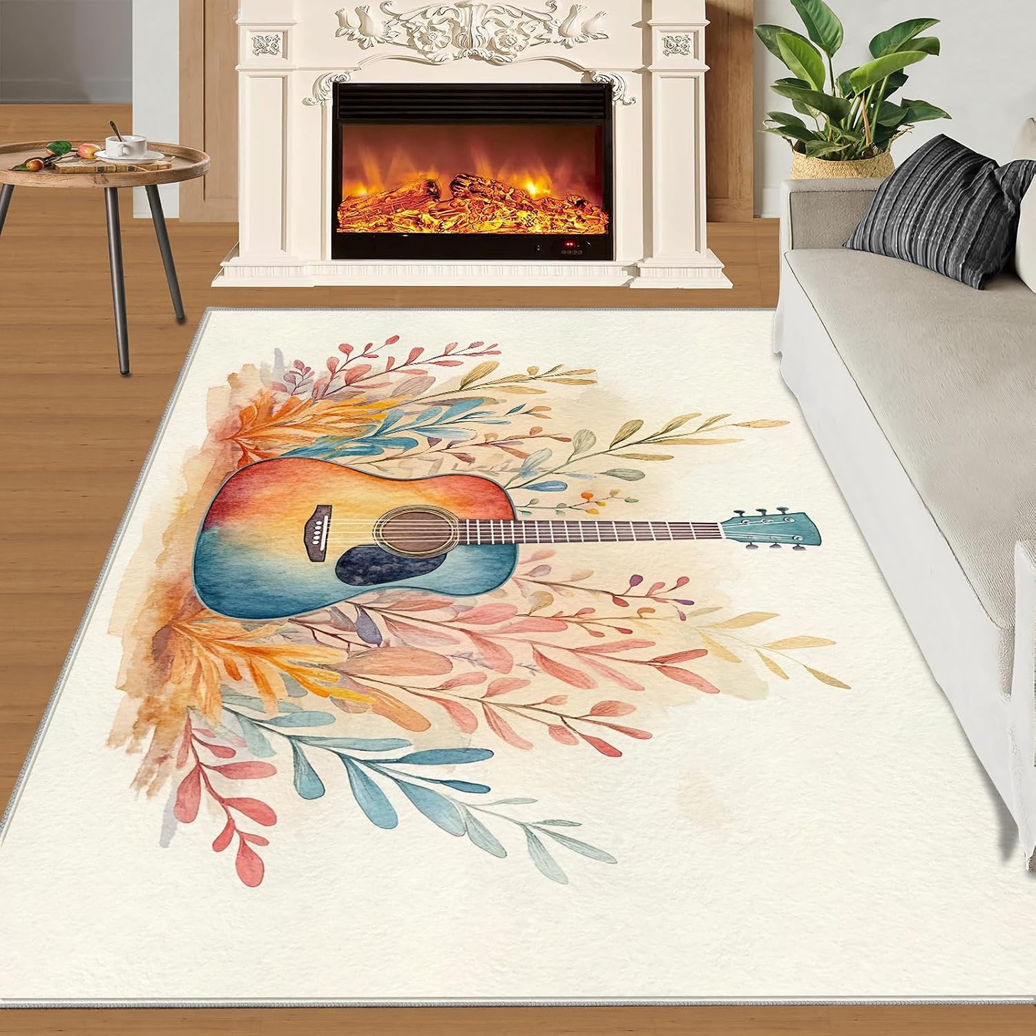Guitar Rug Large - 8x10 Rug, Boho Floral Washable Rugs for Living Room, Music Carpet, Botanical Non-Slip Area Rugs for Bedroom, Kids Carpet, Guitar Home Decor