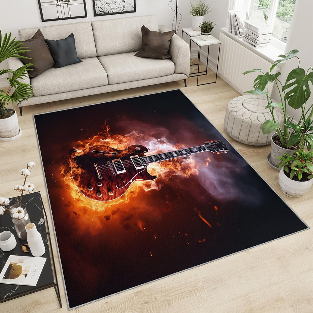 Burning Guitar Music Instrument Area Rug 5x6ft Musical Note Flame Guitar Living Room Rugs, Indoor Non-Slip Kids Rugs, Machine Washable Breathable Durable Carpet for Front Entrance Floor Decor