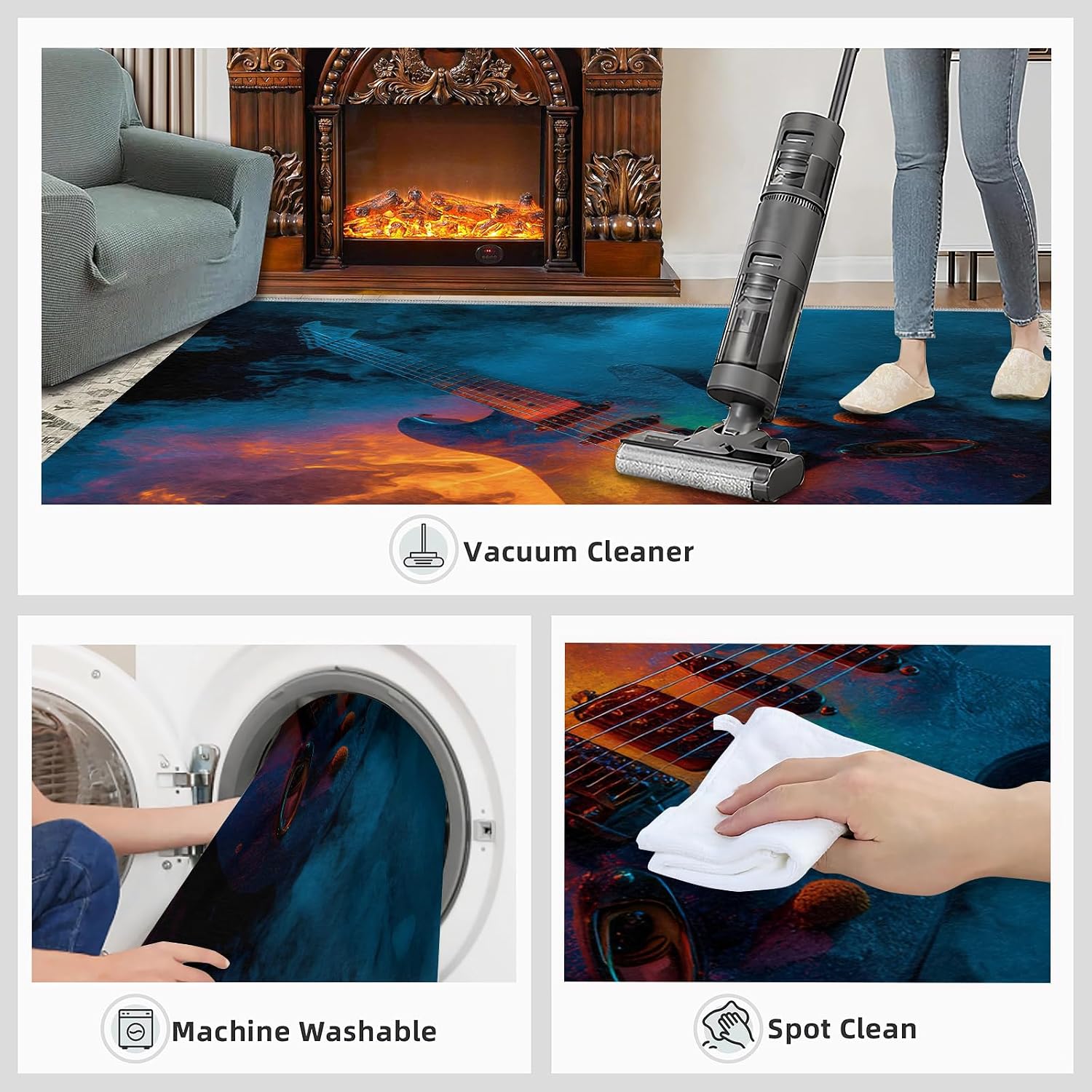 Guitar Kids Rugs for Bedroom, Music Lover Rug 6x9, Music Area Rug Washable & Non Slip Large Carpet for Home Decor