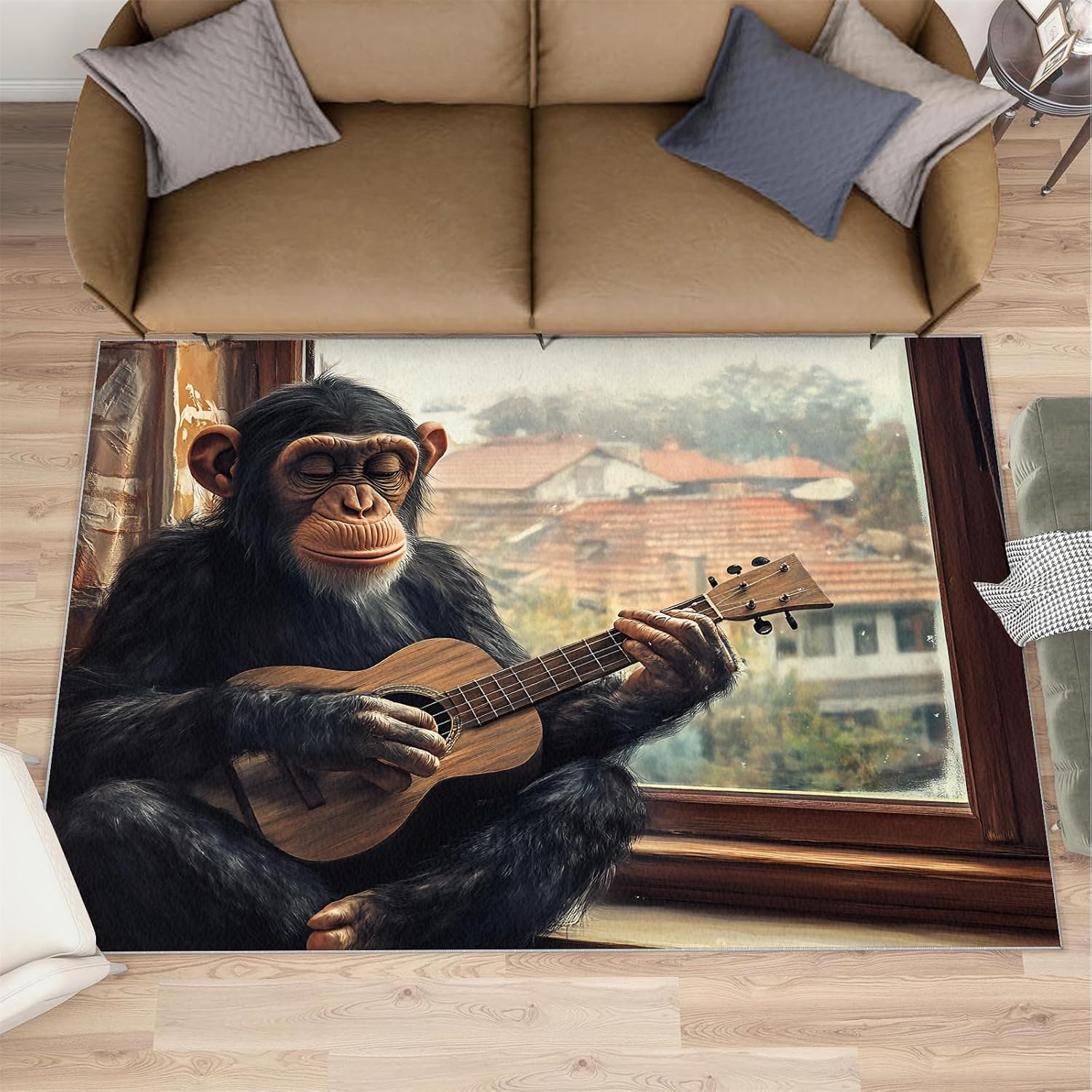 Gorillas Rug - 7x10 Rugs for Living Room, Guitar Gorillas Area Rug, Black Monkey Washable Rugs for Living Room, Non Slip Animal Indoor Carpet - Home Decor, Tropical Wildlife Gifts for Kids