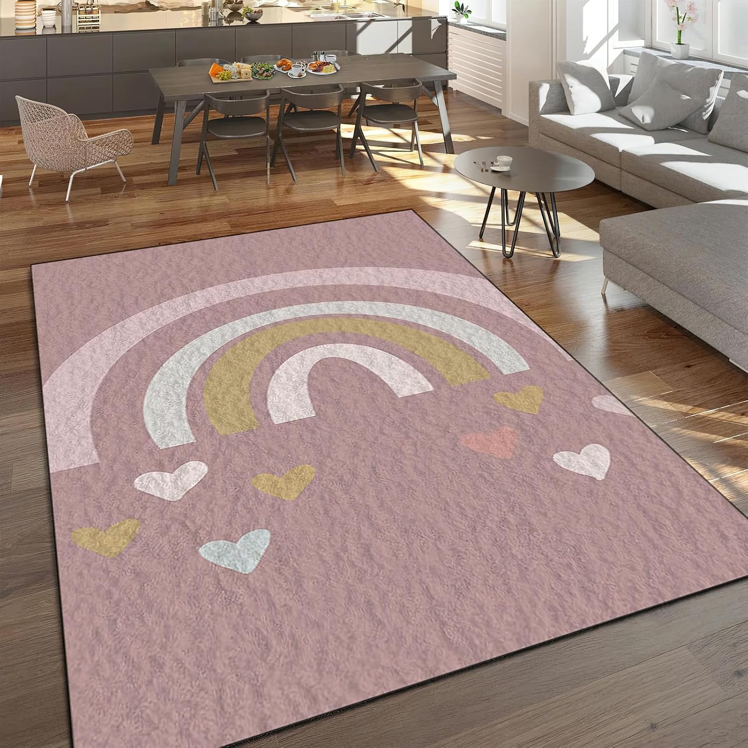 Pink Abstract Rainbow Art Area Rug, Modern Love Print Indoor Non Slip Living Room Rug, Machine Washable Breathable Durable Carpet for Sofa Bedroom Dining Room Home Decor - 5 ft x 7 ft