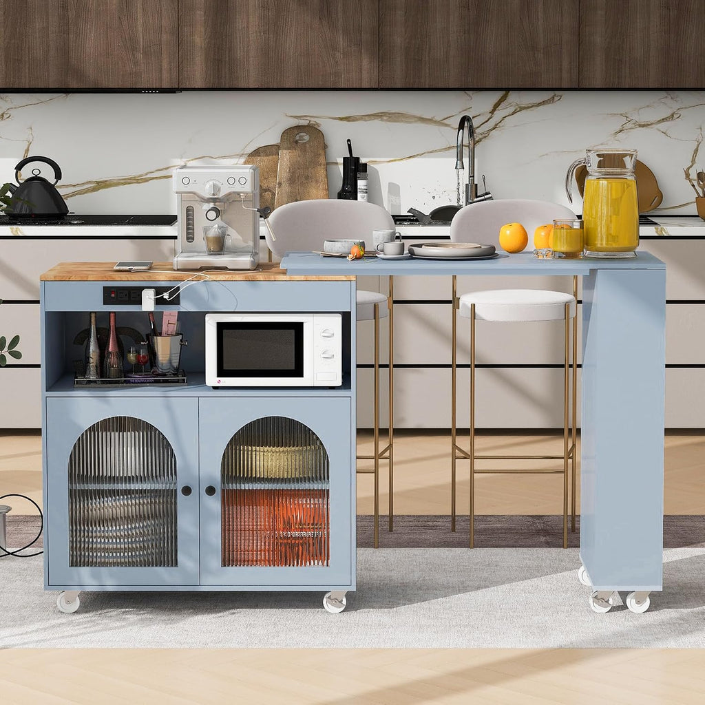 Merax Kitchen Island with Extended Table, Rolling Kitchen Islands Cart with LED Lights, Power Outlets, 2 Fluted Glass Doors, Storage Compartment, and Side 3 Open Shelves (Grey Blue)