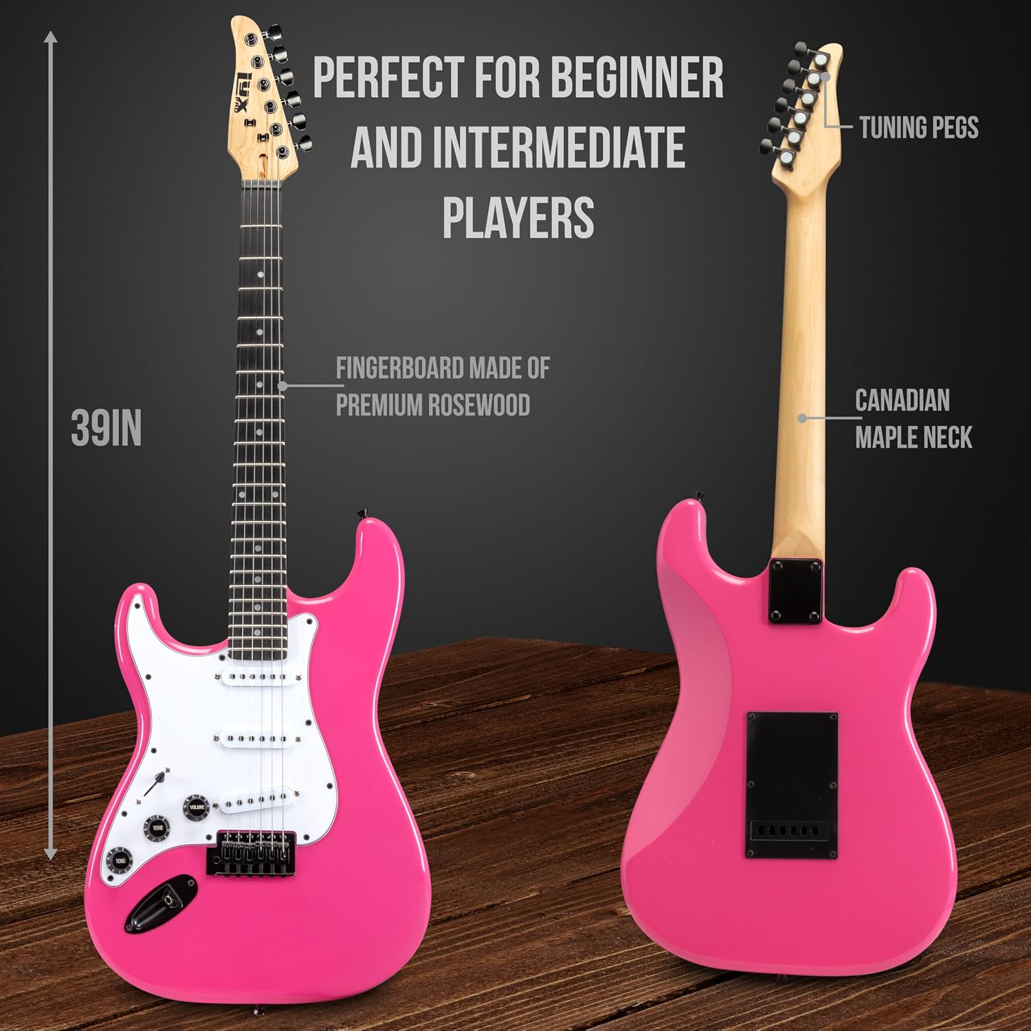 LyxPro Left Hand 39 Inch Electric Guitar and Starter Kit for Lefty Full Size Beginner's Guitar, Amp, Six Strings, Two Picks, Shoulder Strap, Digital Clip On Tuner, Cable and Soft Case - Pink