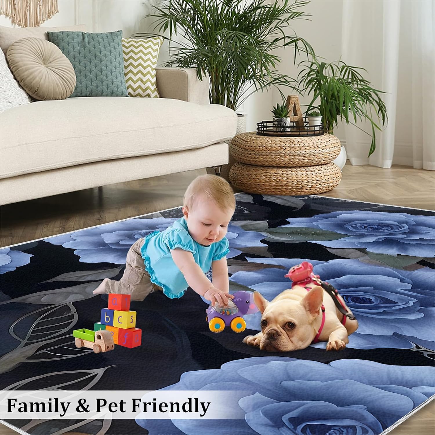 Blue Roses Black Leaves Area Rug, Modern Light Luxury Indoor Non-Slip Kids Rugs, Machine Washable Breathable Durable Carpet for Room Sofa Living Room Mat Bedroom Home Decor Floor Mats,6 x 8ft