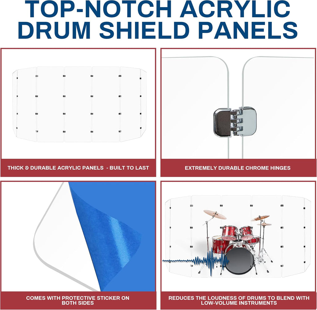 PENNZONI Drum Shield 6ft w/Chrome Hinges, Comes w/ 7 Drum Panels, & Chrome Hinges, Premium Clear Acrylic Panels, Drum Screen