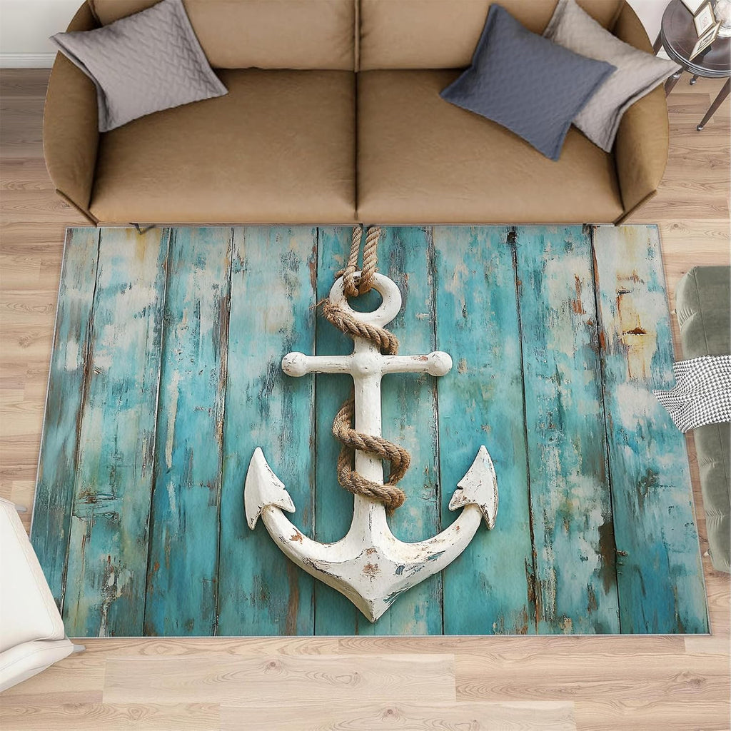 Anchor Rug 6x8, Retro Wooden Boards Rugs for Bedroom, Nautical Theme Area Rug, Non Slip Washable Rugs for Living Room Farmhouse, Indoor Low Pile Decor Carpet
