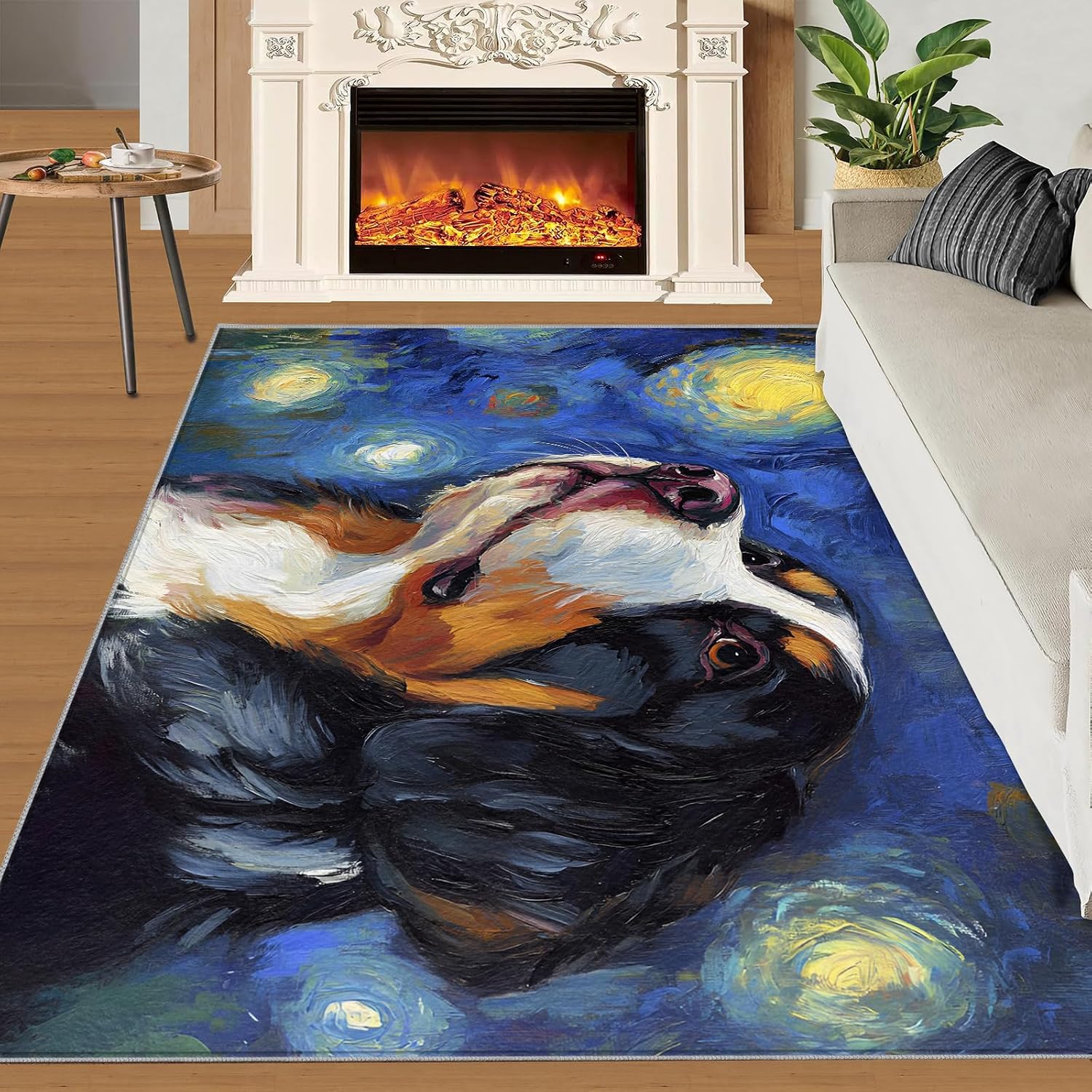 Dog Area Rug 6x8, Starry Sky Dog Rugs for Bedroom, Oil Painting Animals Rugs for Boys Room, Low Pile Non Slip Carpet for Computer Game Room Dormitory