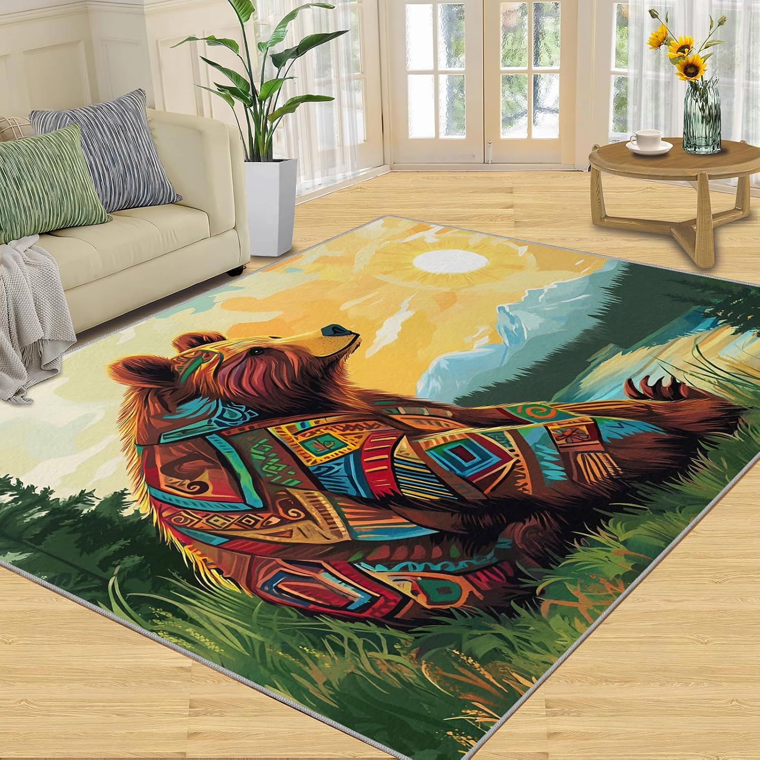Bear Rugs for Living Room 6x8ft, Aztec Rugs, Western Rug, Decor Carpet for Bedroom Dining Room Non Slip Area Rug
