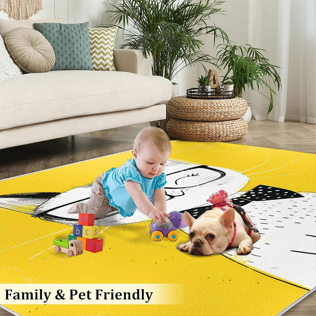 Area Rug 6x8ft, Cute White Cat Rug, Cartoon White Yellow Simple Living Room Rugs, Ultra Soft Non Slip Machine Washable Easy Care Carpet for Bedroom Study Office Apartment Room