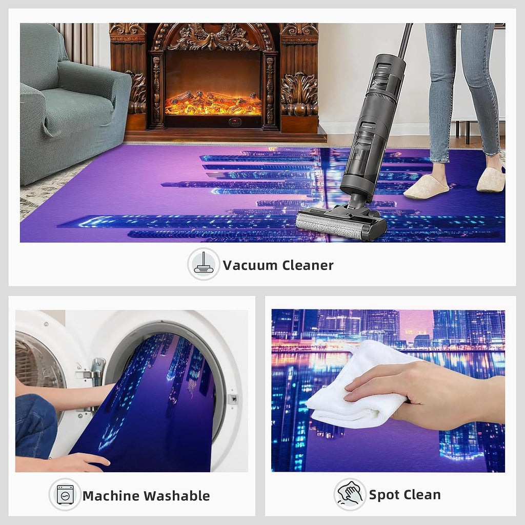 City Nightscape Area Rug 6x8 - Futuristic City Large Rugs for Living Room, Technological Buildings Carpet Area Rug for Girls Bedroom Kids Room Basement Office Classroom