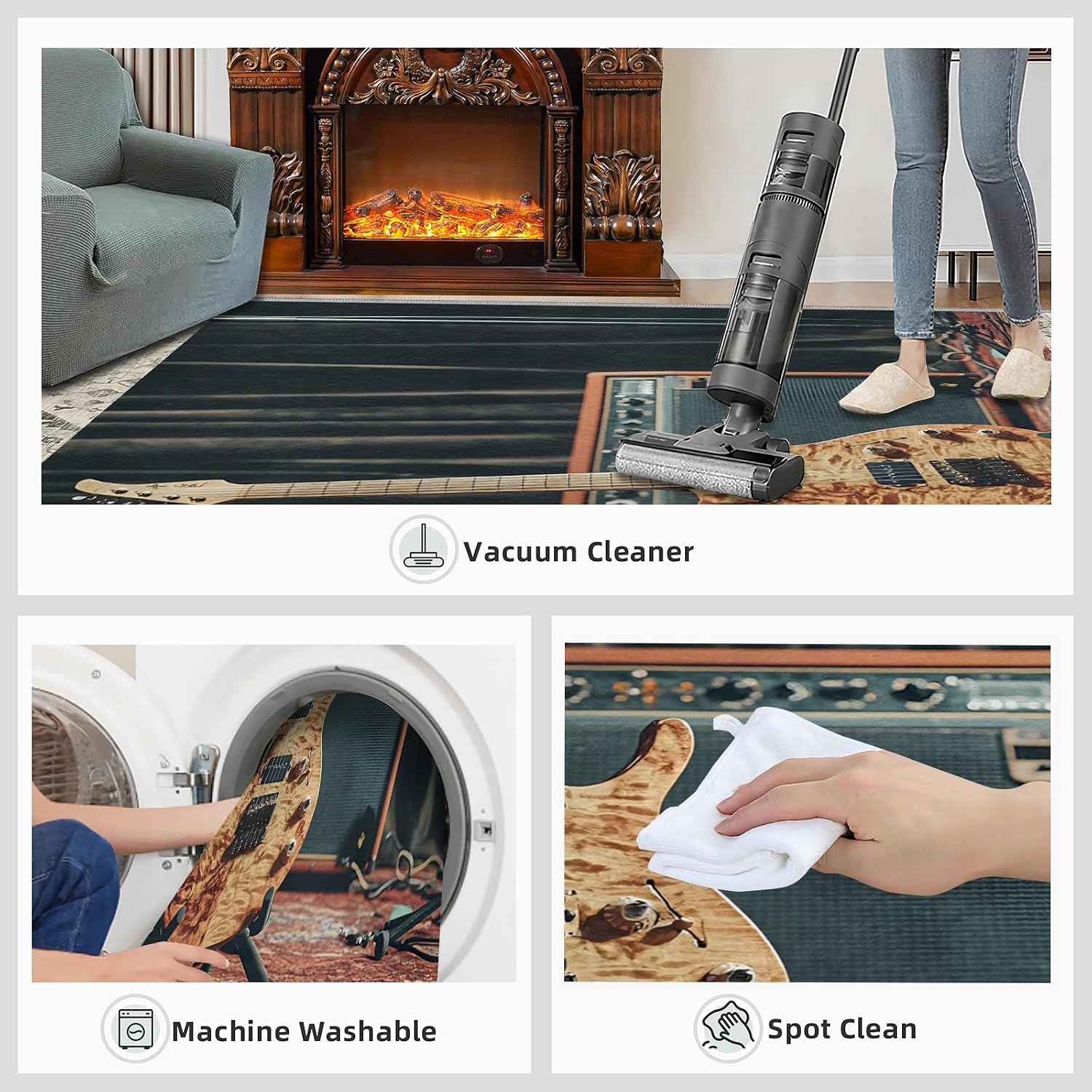 Guitar Rug - 7x10 Rugs for Living Room, Music Area Rug, Retro Guitar Washable Rugs for Bedroom, Non Slip Soft Rock and Roll Indoor Carpet - Home Decor, Music Lover Gifts for Boys