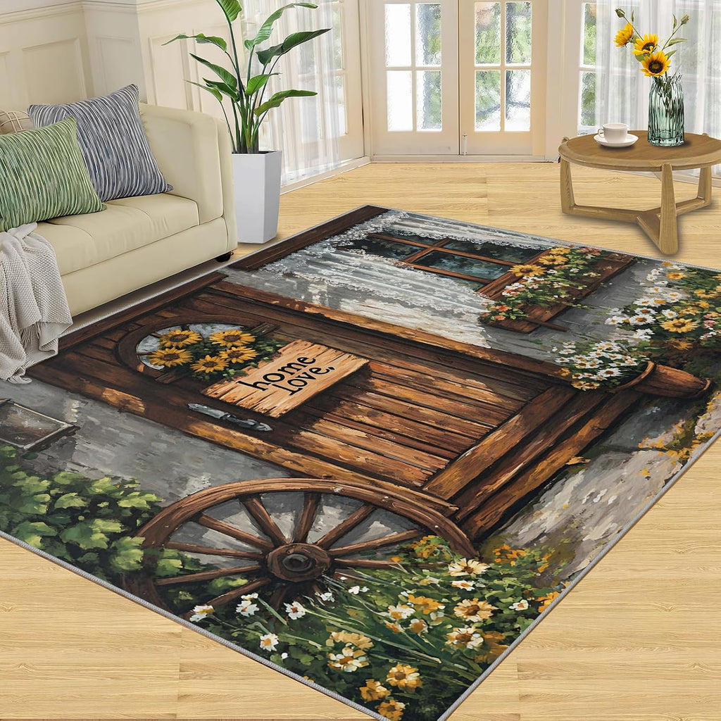 Country Wooden Door Rug 6x8 - Wooden Wheels Large Rugs for Living Room, Pastoral Warm Carpet Area Rug for Girls Bedroom Kids Room Basement Office Classroom