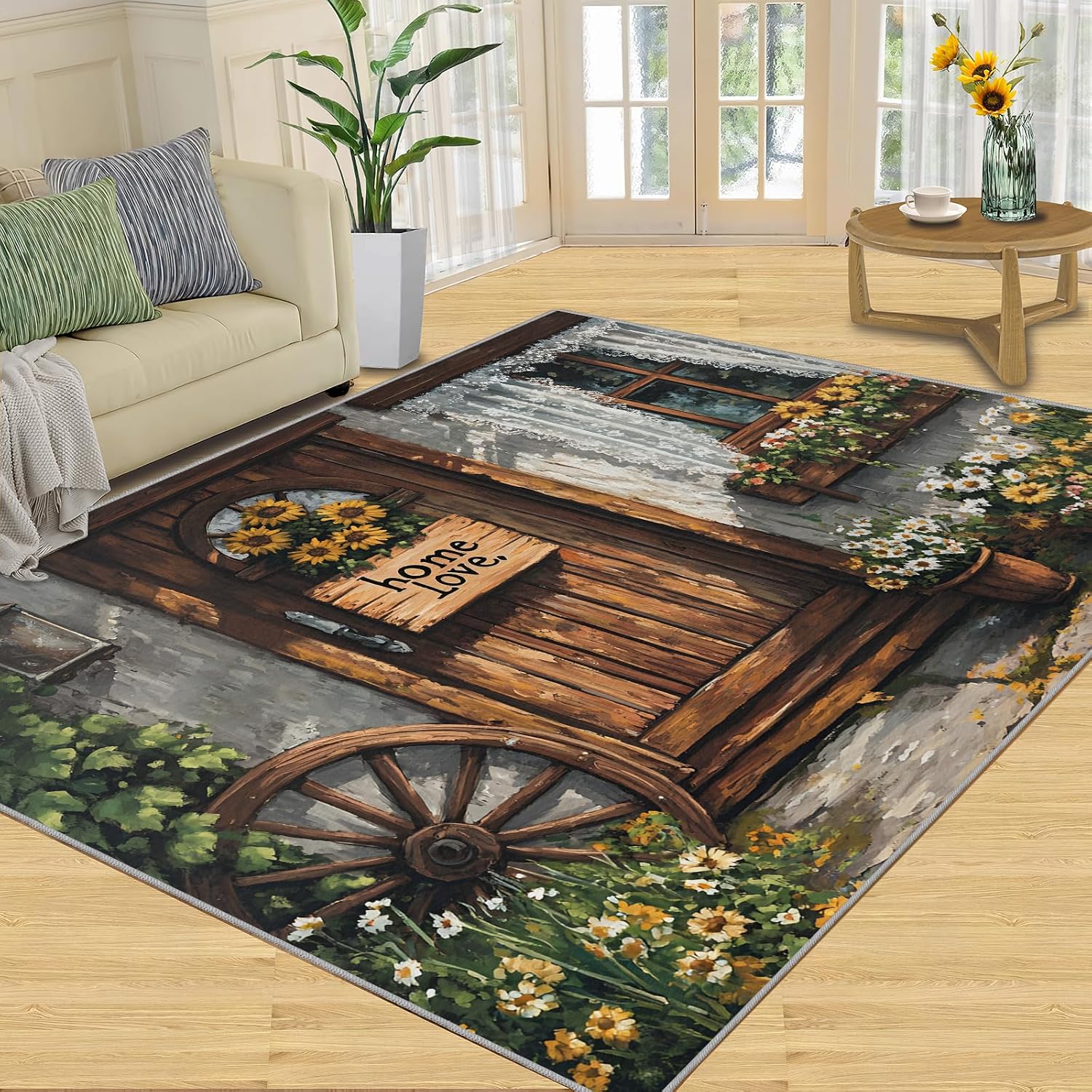 Country Wooden Door Rug 6x8 - Wooden Wheels Large Rugs for Living Room, Pastoral Warm Carpet Area Rug for Girls Bedroom Kids Room Basement Office Classroom