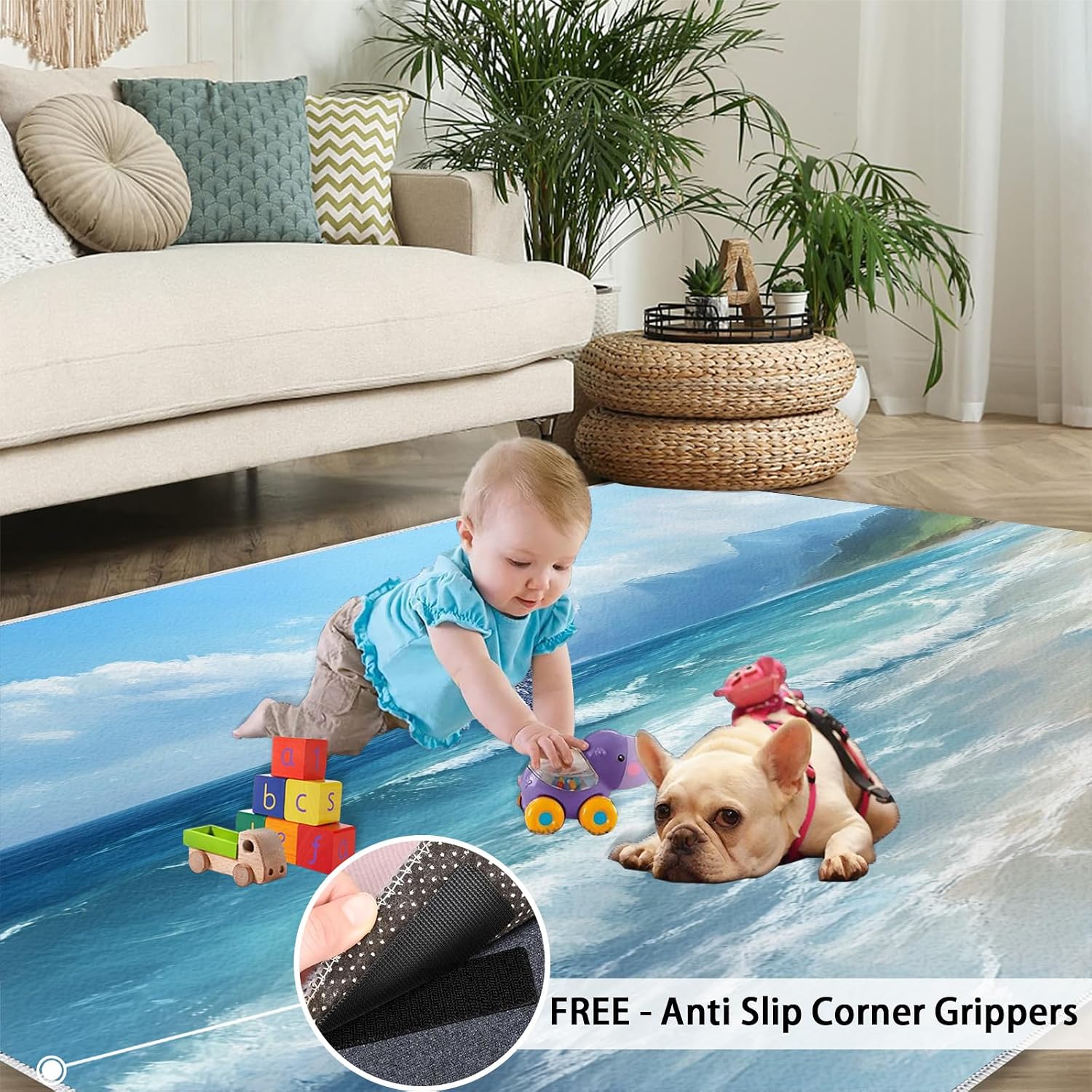 Summer Beach Rug Large - 6x8 Rug, Coastal Area Rugs for Bedroom, Blue Ocean Rugs for Living Room, Landscape Washable Mat, Tropical Sea Carpet, Beach Home Decor & Gifts