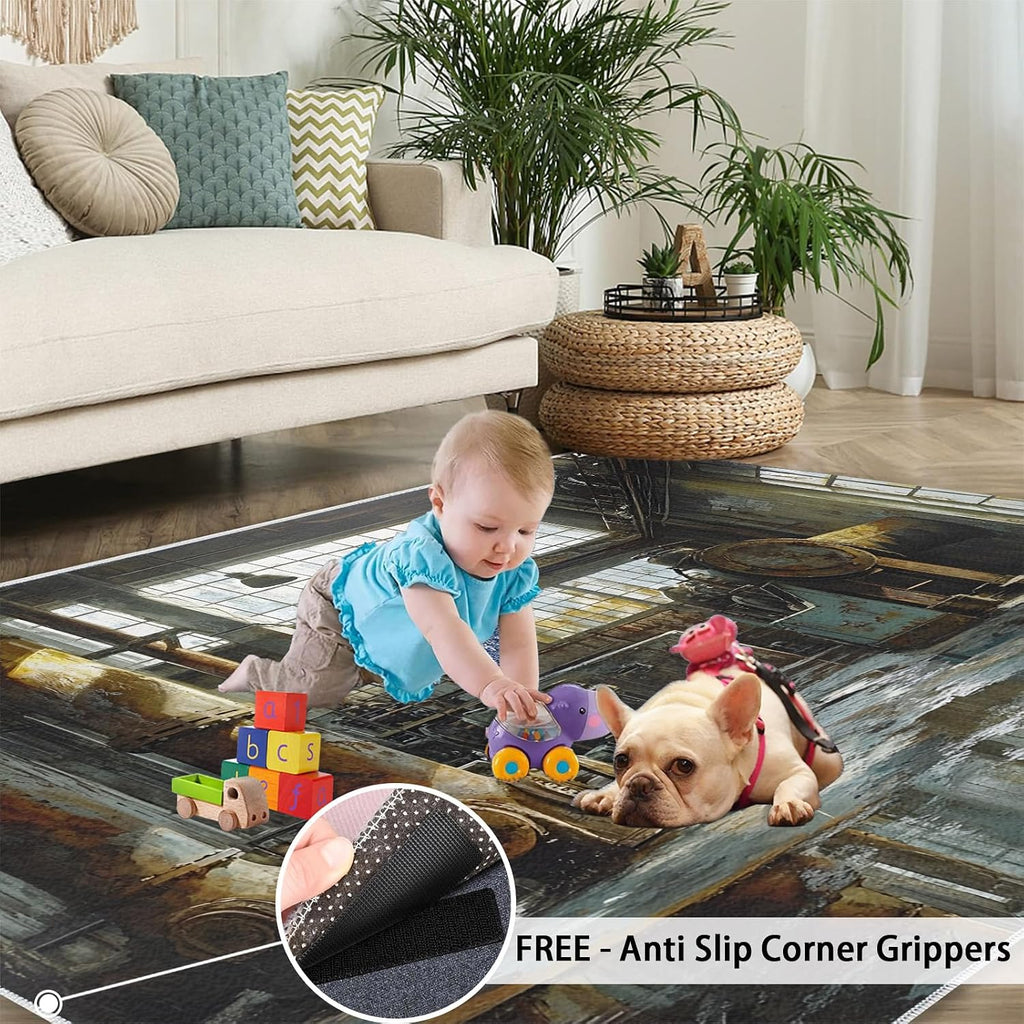Industrial Style Rug 6x8, Factory Rugs for Bedroom, Distressed Washable Rugs for Living Room, Non Slip Area Rug, Housewarming Gifts & Indoor Floor Mats