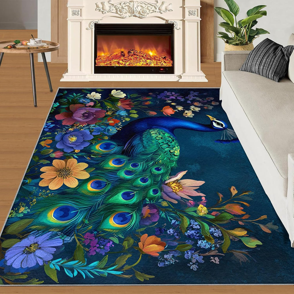 Peacock Rug 6x9 Area Rug Blue Bird Washable Rugs Dark Floral Rugs for Living Room Bedroom Decor Low Pile & Non Slip Indoor Carpet