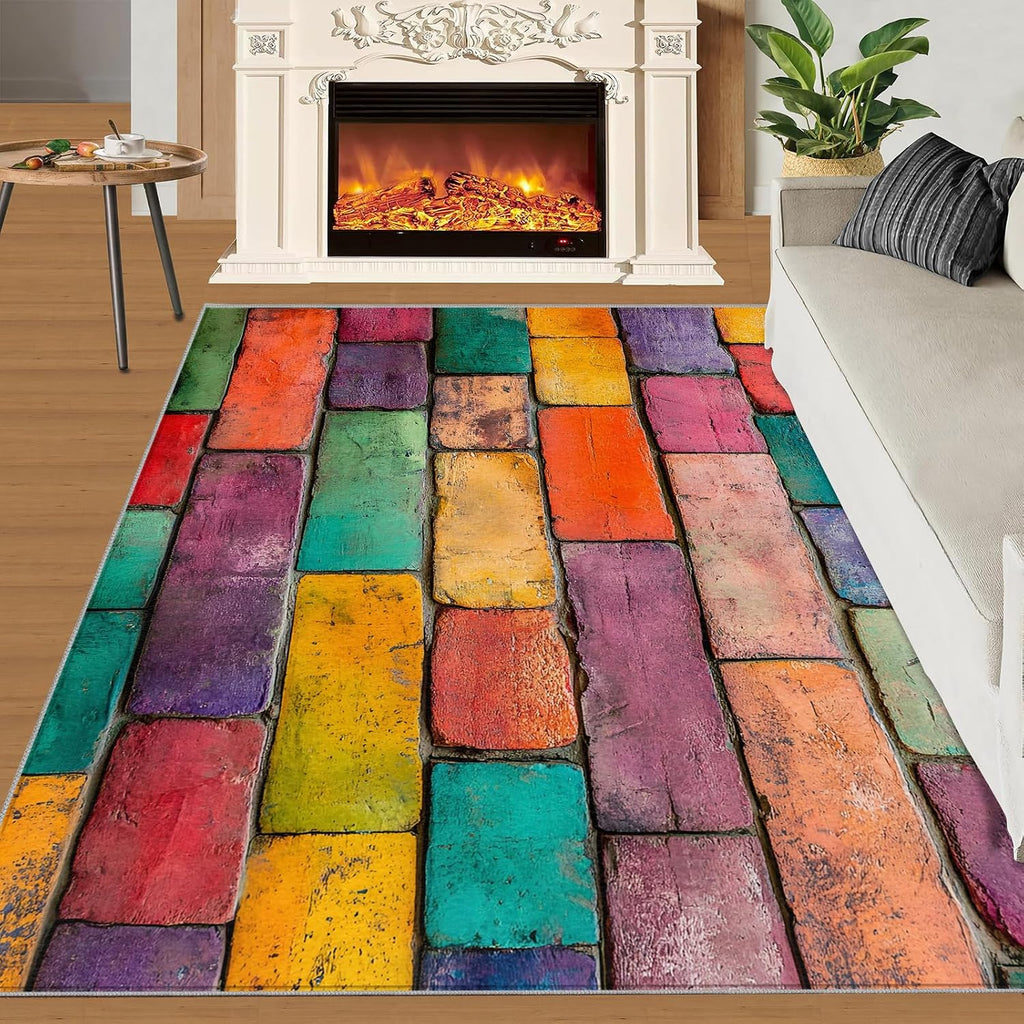 Colored Wall Tiles Area Rug, Retro Distressed Rugs for Living Room, Low Pile Soft High Traffic Rugs for Front Entrance Floor Decor Mat 6x8
