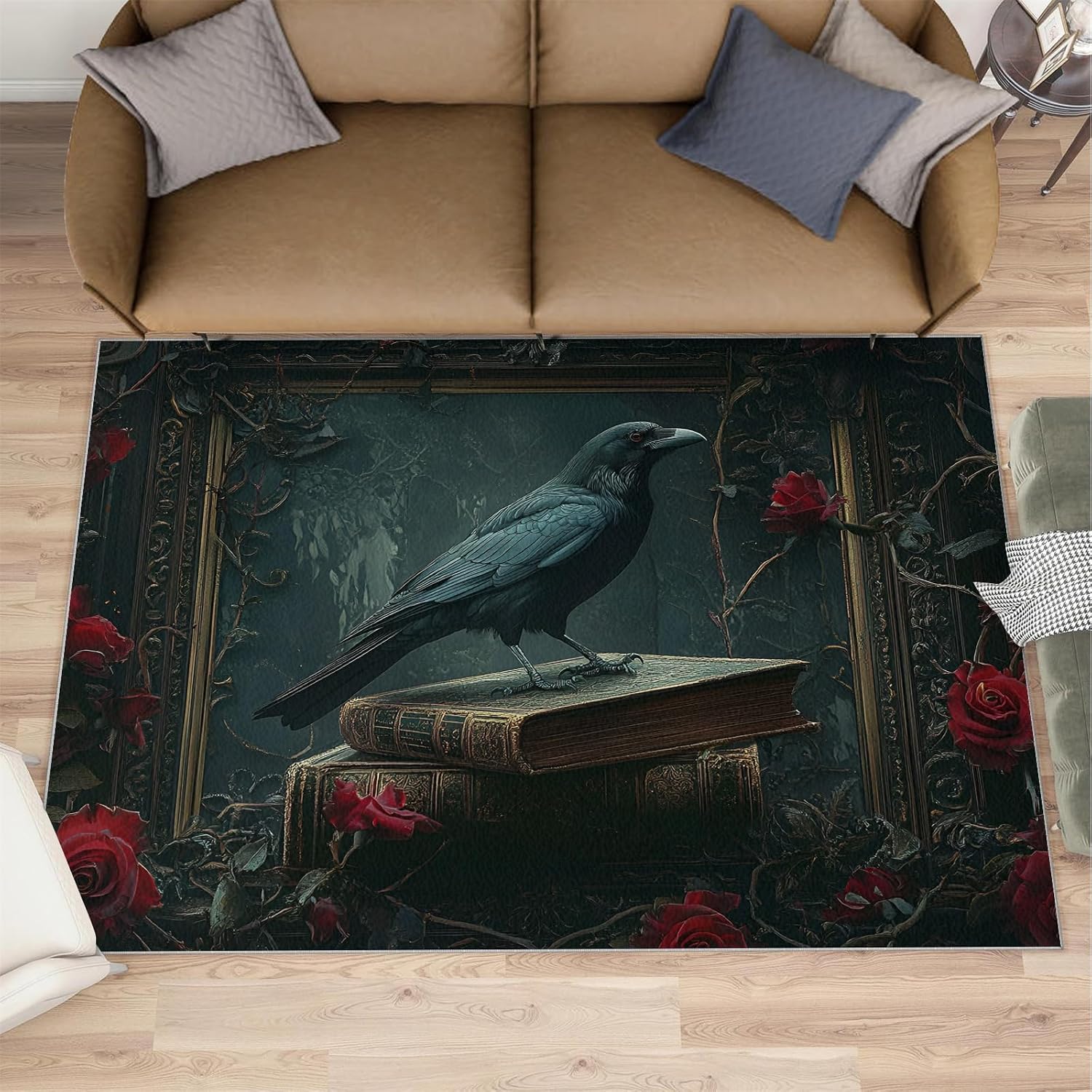 Crow Area Rug, Gothic Horror Kids Rugs, Non Slip Bedroom Rug for Living Room Kitchen Dining Room Decor Floor Mat 6x8