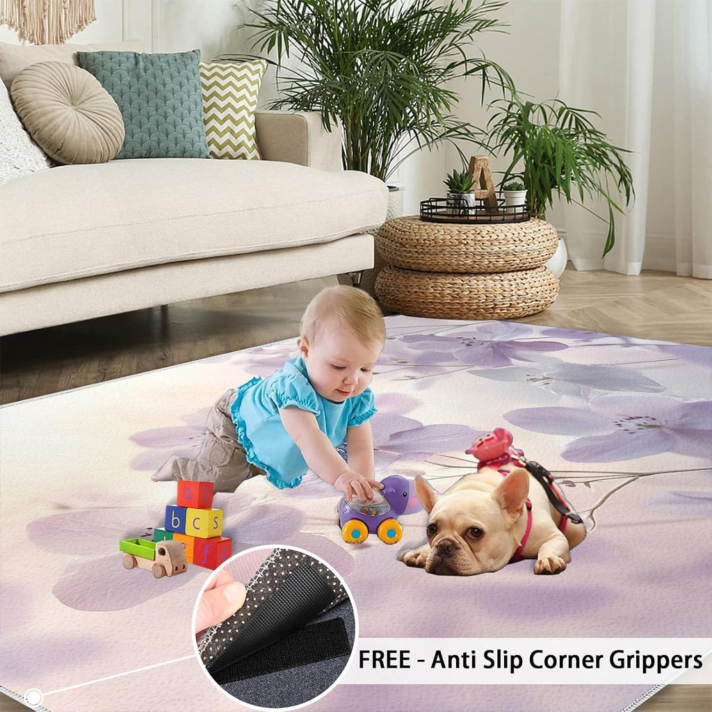 Lilac Flowers Area Rug, Simple Flowers Large Area Rugs, Non Slip Living Room Rugs for Bedroom Kitchen Dining Room Decor Floor Mat 6x8