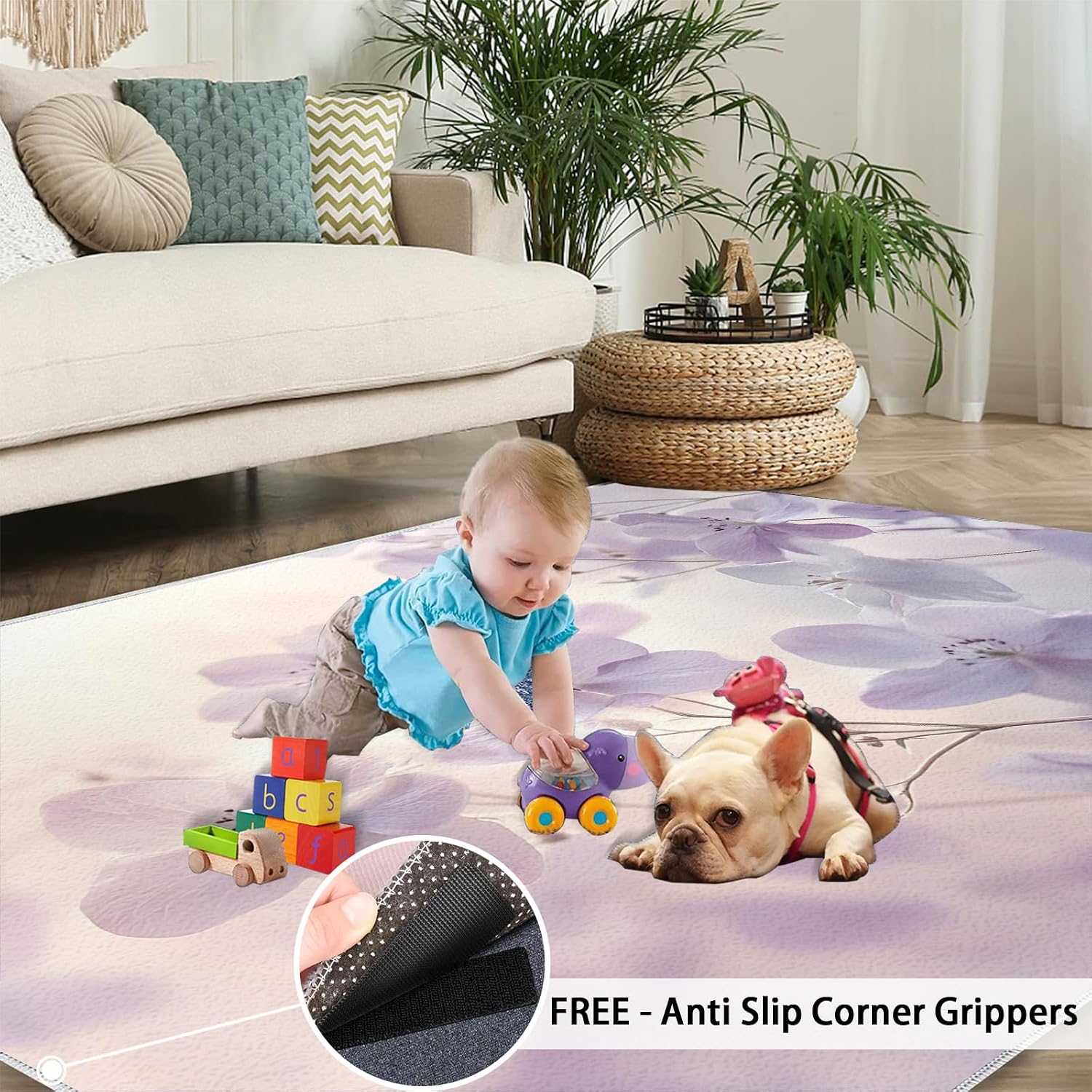 Lilac Flowers Area Rug, Simple Flowers Large Area Rugs, Non Slip Living Room Rugs for Bedroom Kitchen Dining Room Decor Floor Mat 6x8