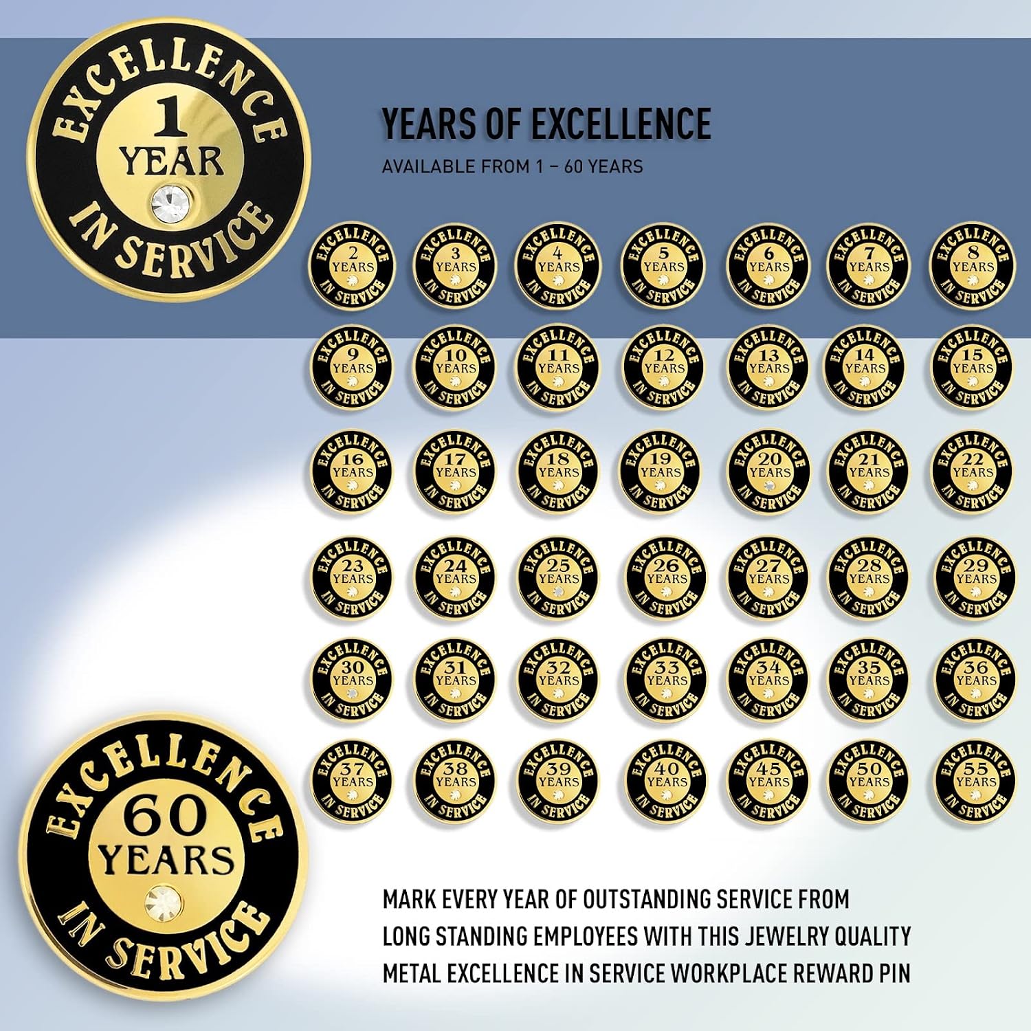 PinMart Gold Color Plated Excellence in Service Year Award Lapel Pin – Metal Enamel Workplace Reward Pin w/Rhinestone – 1-60 Years Pins for Long Standing Employees