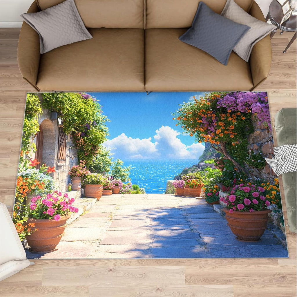 Tuscany Italy Rug 6x8-6x8 Rug, Italian Flowers Area Rugs for Bedroom, Coastal Rugs for Living Room, Landscape Washable Carpet, Italy Home Decor & Gifts