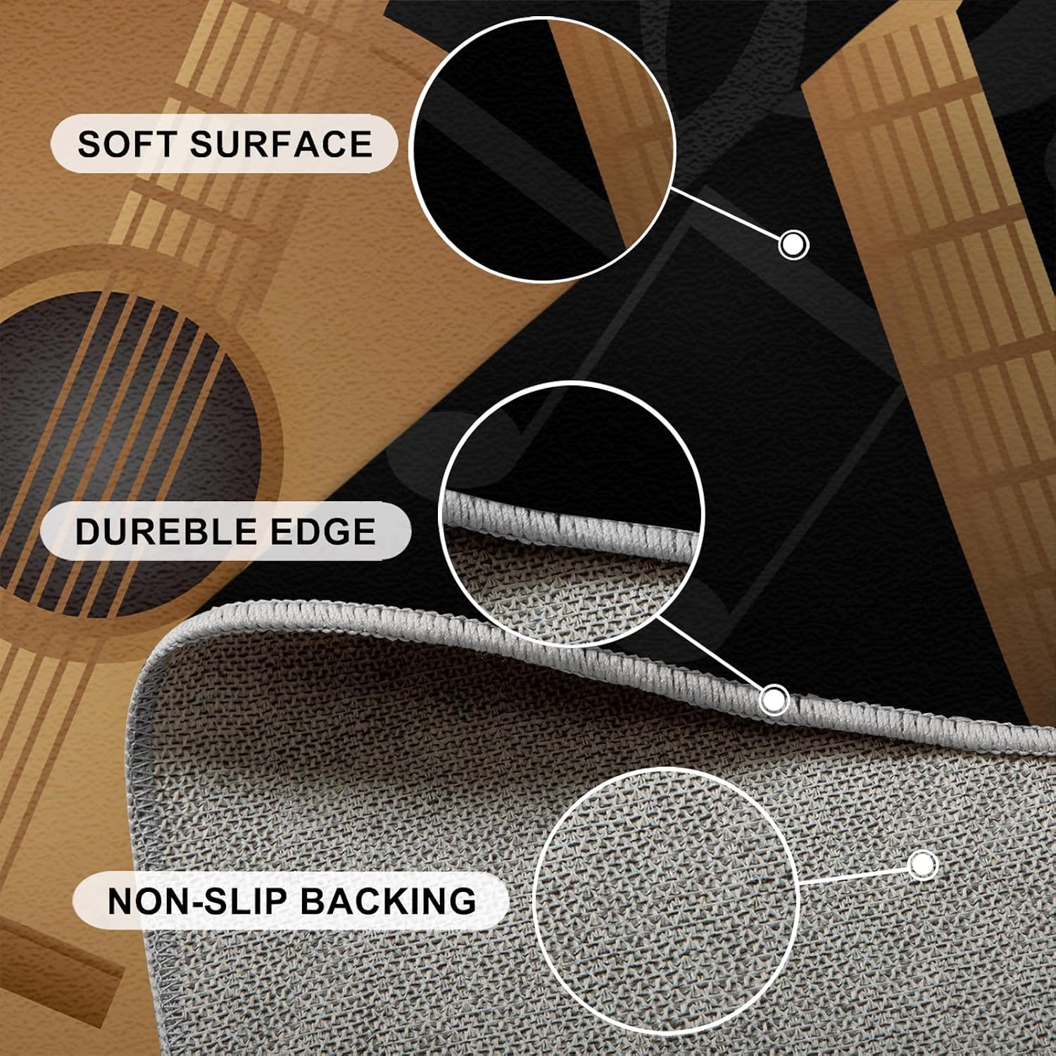 Classical Guitar Music Area Rug, Modern Black Rugs for Living Room, Indoor Non-Slip Kids Rugs, Machine Washable Breathable Durable Carpet for Front Entrance Floor Decor,8 x 10ft