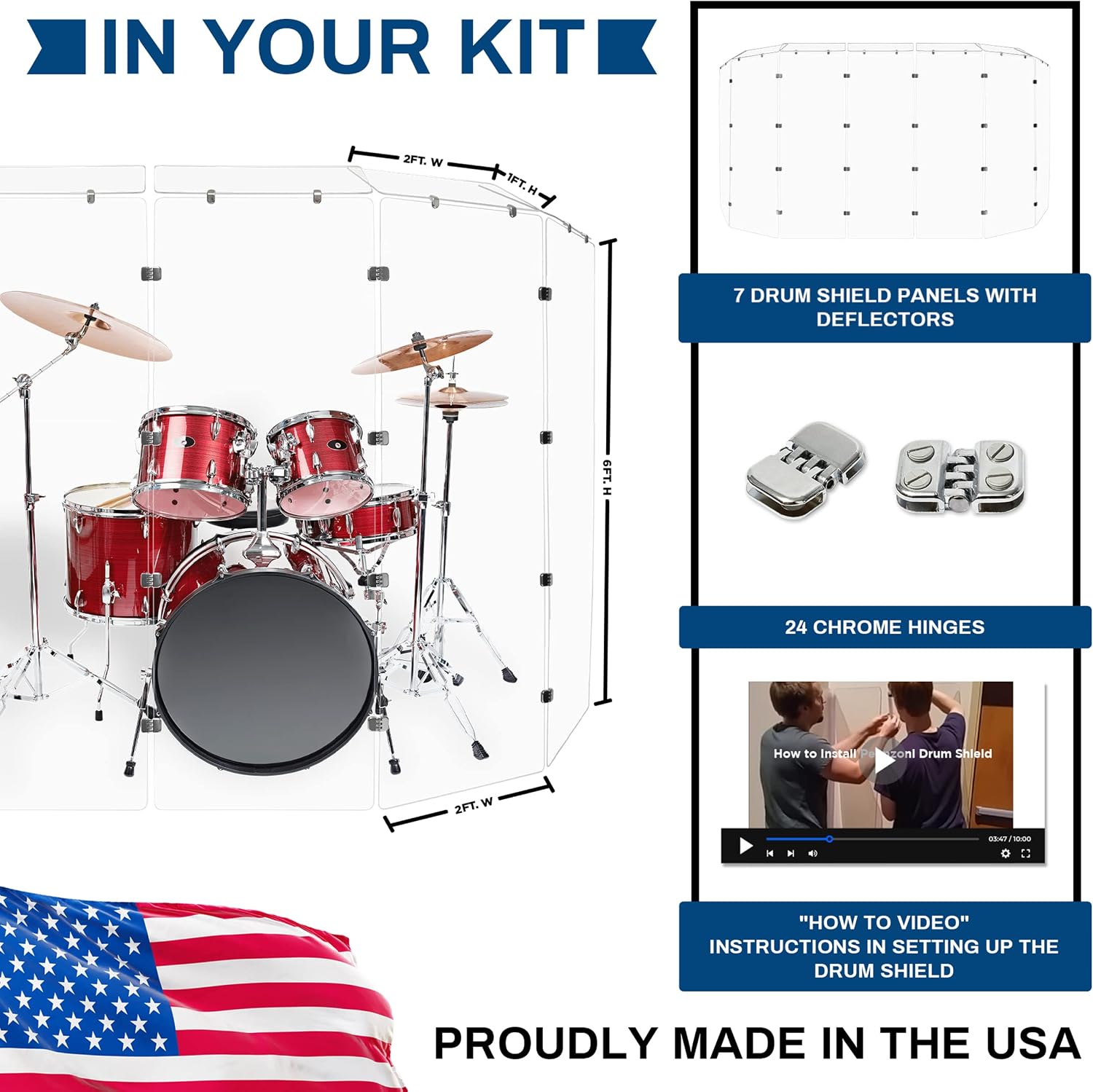 PENNZONI Drum Shield 6ft w/Deflectors & Chrome Hinges, Comes w/ 7 Drum Panels, 7 Deflectors, Chrome Hinges & Deflector Connectors, Premium Clear Acrylic Panels