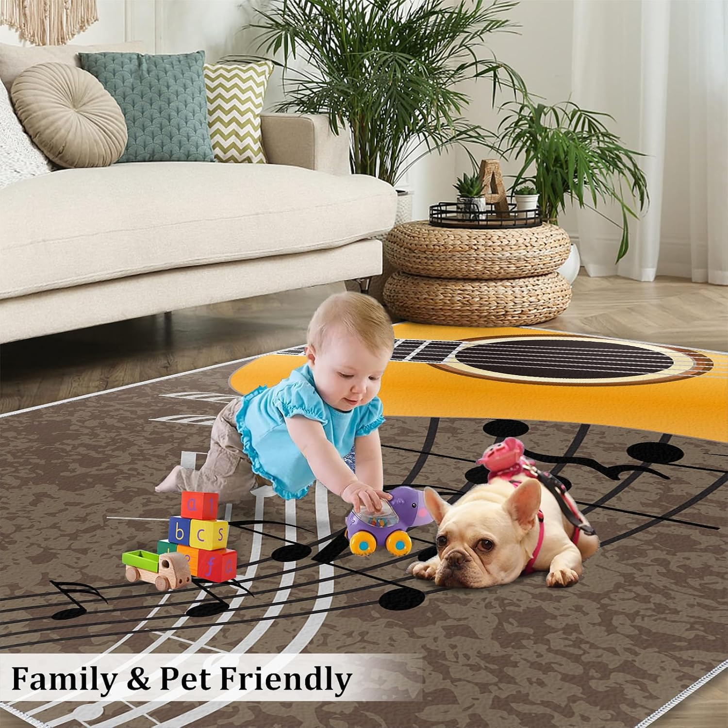 Yellow Hip-Hop Rock Music Guitar Area Rug, Black White Musical Notes Grunge Style Indoor Non-Slip Kids Rugs, Machine Washable Breathable Durable Carpet for Front Entrance Floor Decor,5.3 x 8ft