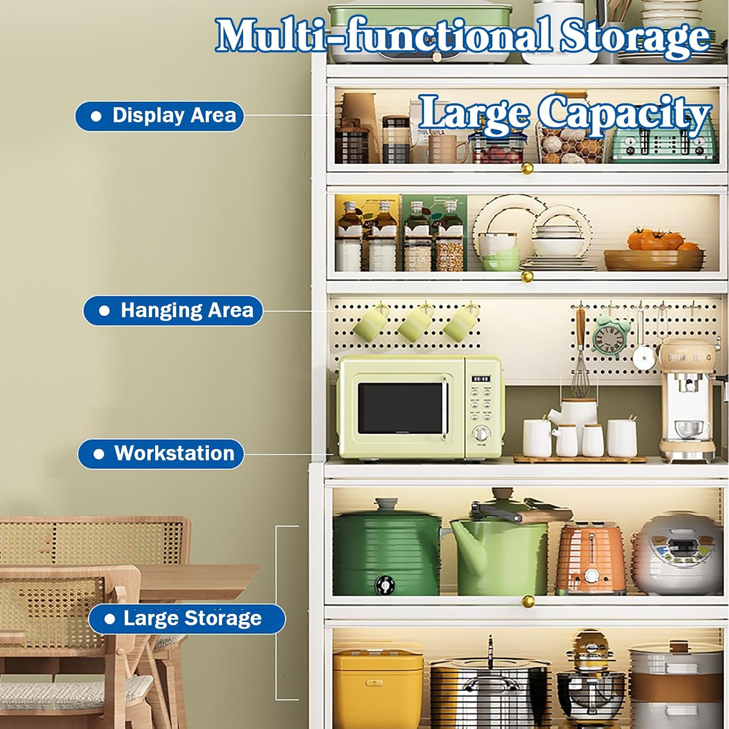 6-Tier Kitchen Standing Storage Cabinet, Kitchen Bakers Rack with Storage Cabinet, Microwave Stand with Pegboard Accessories, Heavy Duty Metal Kitchen Rack for Kitchen Dining Room,White,L 80cm/