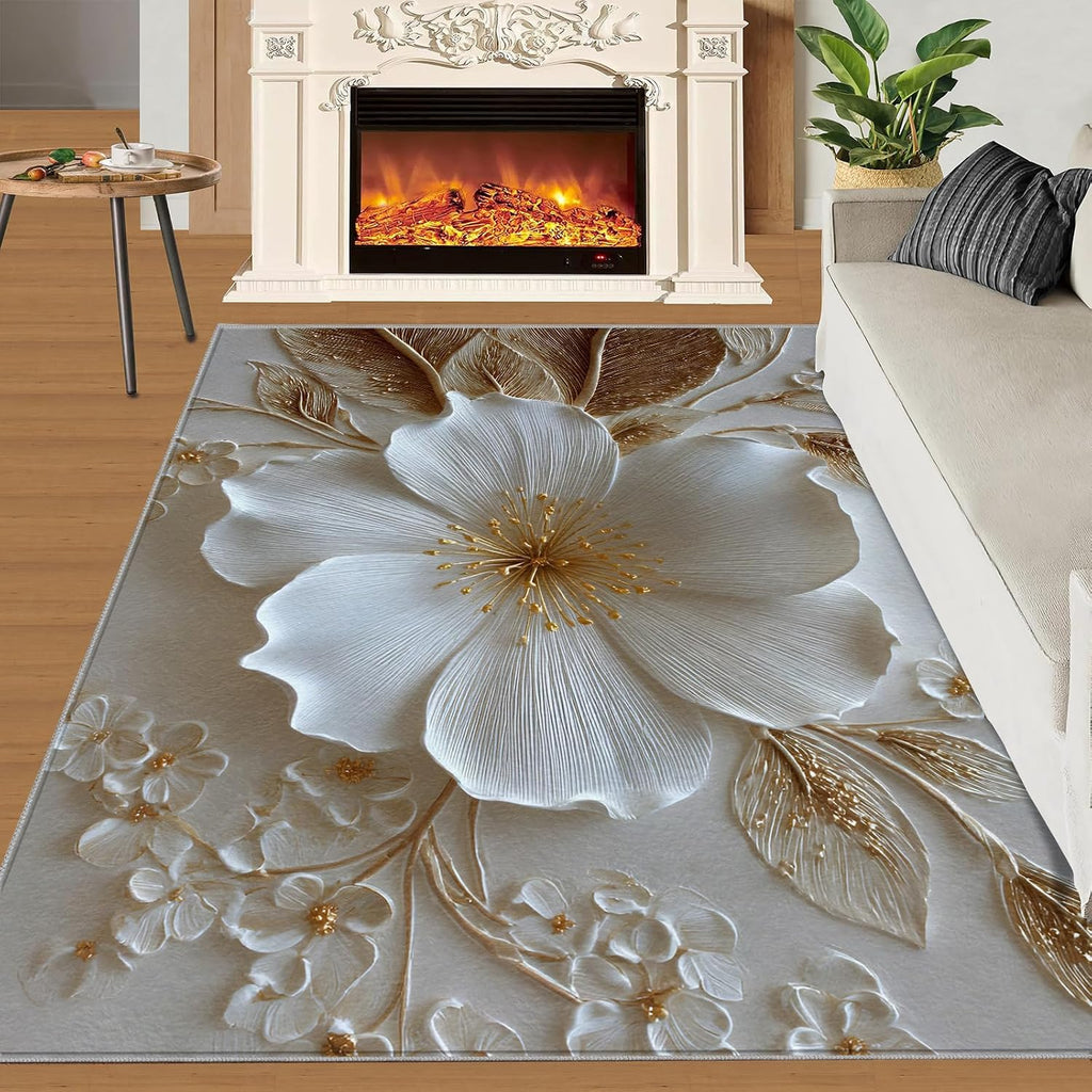 3D Relief Floral Rugs for Bedroom, Modern Relief Rug 6x8, Stereo White Flowers Dining Room Rugs Washable & Non Slip Large Carpet for Home Decor