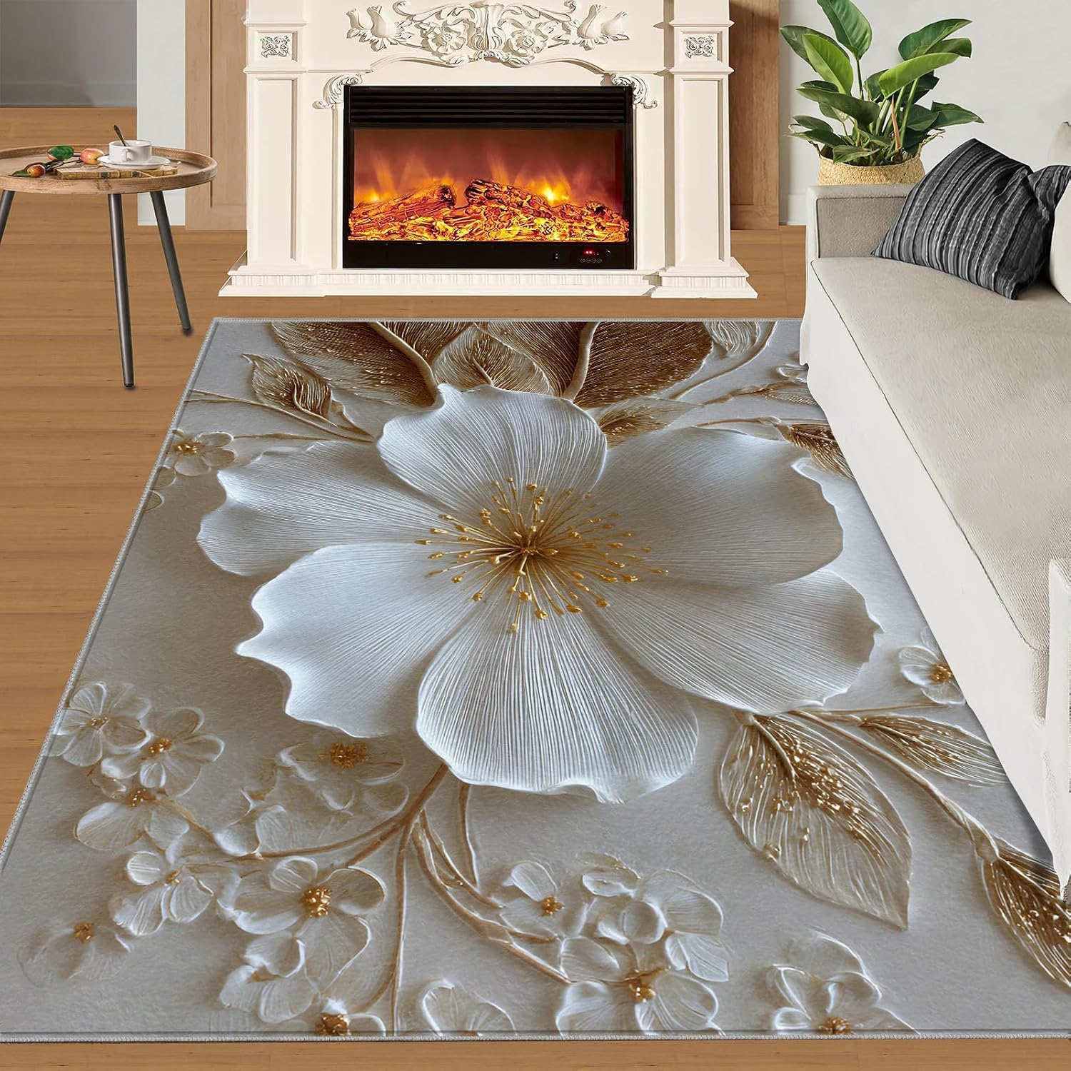 3D Relief Floral Rugs for Bedroom, Modern Relief Rug 6x8, Stereo White Flowers Dining Room Rugs Washable & Non Slip Large Carpet for Home Decor
